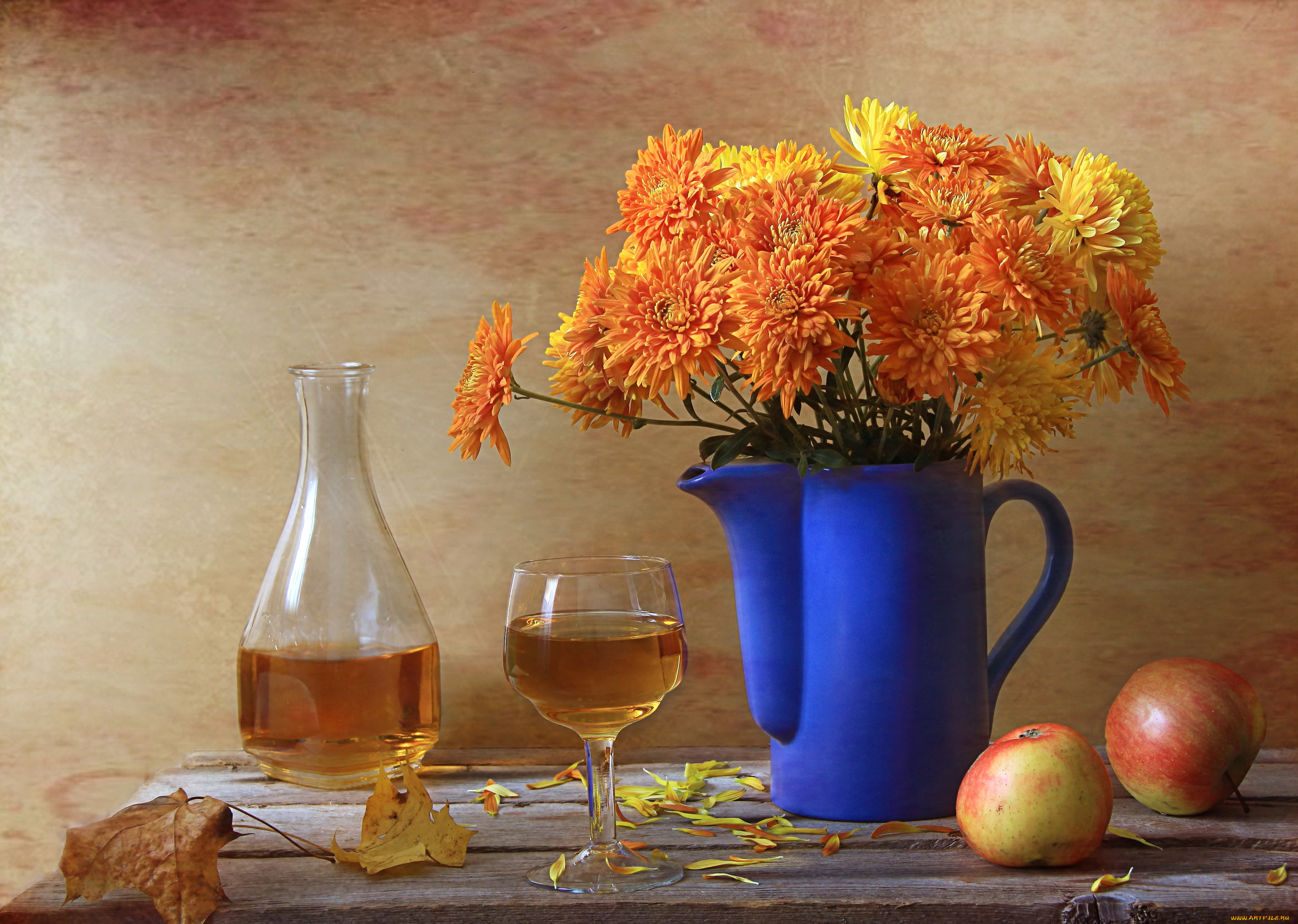 еда, натюрморт, вино, хризантемы, яблоки