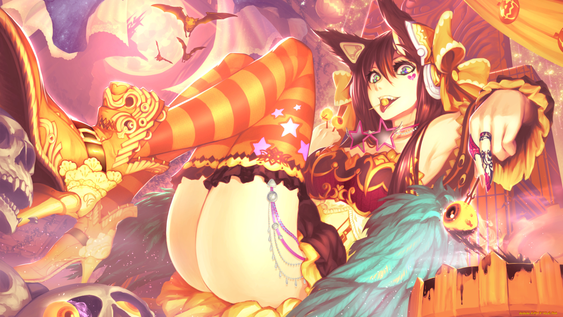 аниме, -halloween, &, magic, чупа-чупс, ушки, кошка, девушка, тыквы, ночь