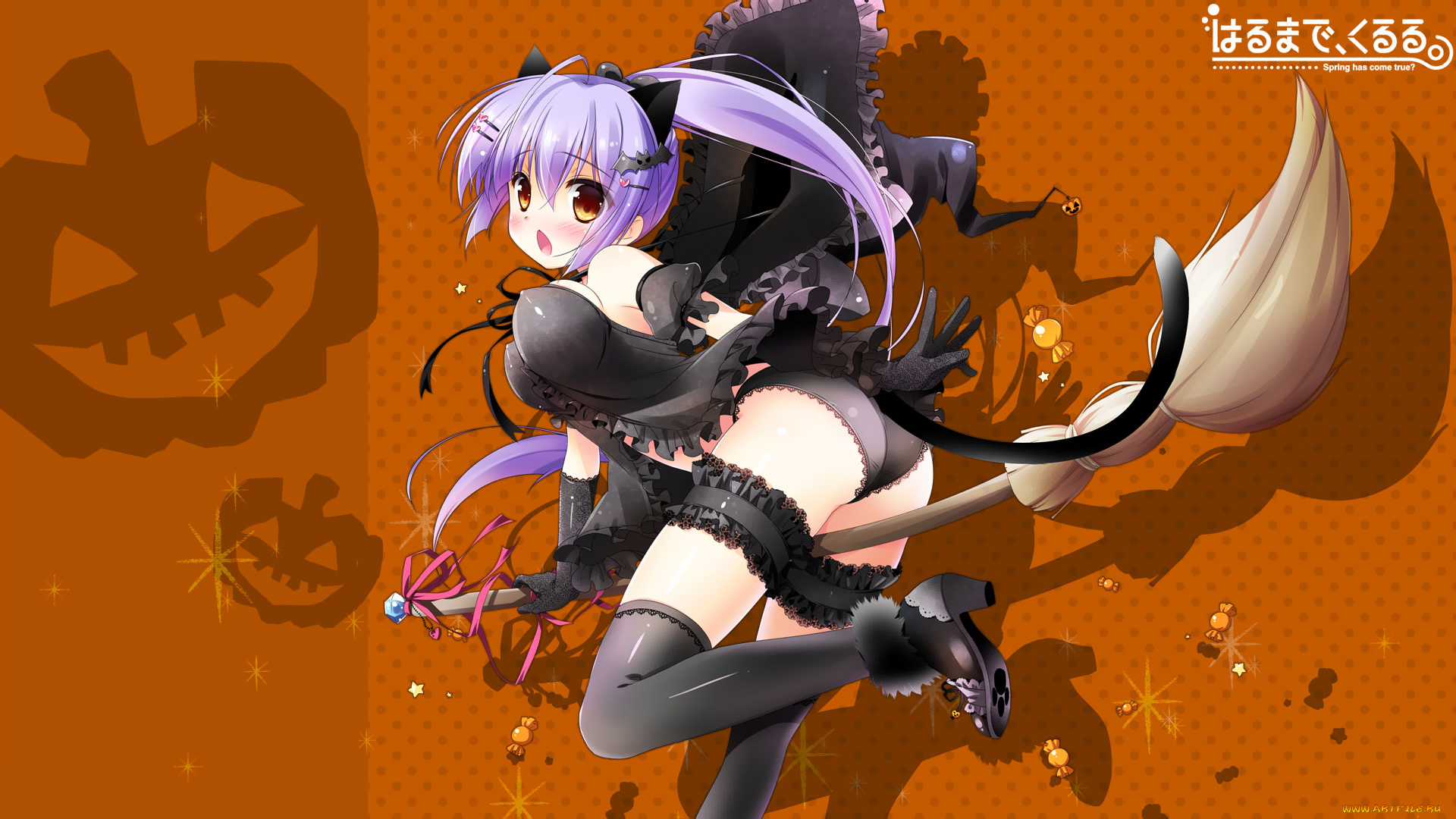 аниме, -halloween, &, magic, конфеты, лента, колокольчик, кошка, шляпа, хвост, ушки, тыква, метла, девушка, harumade, kururu