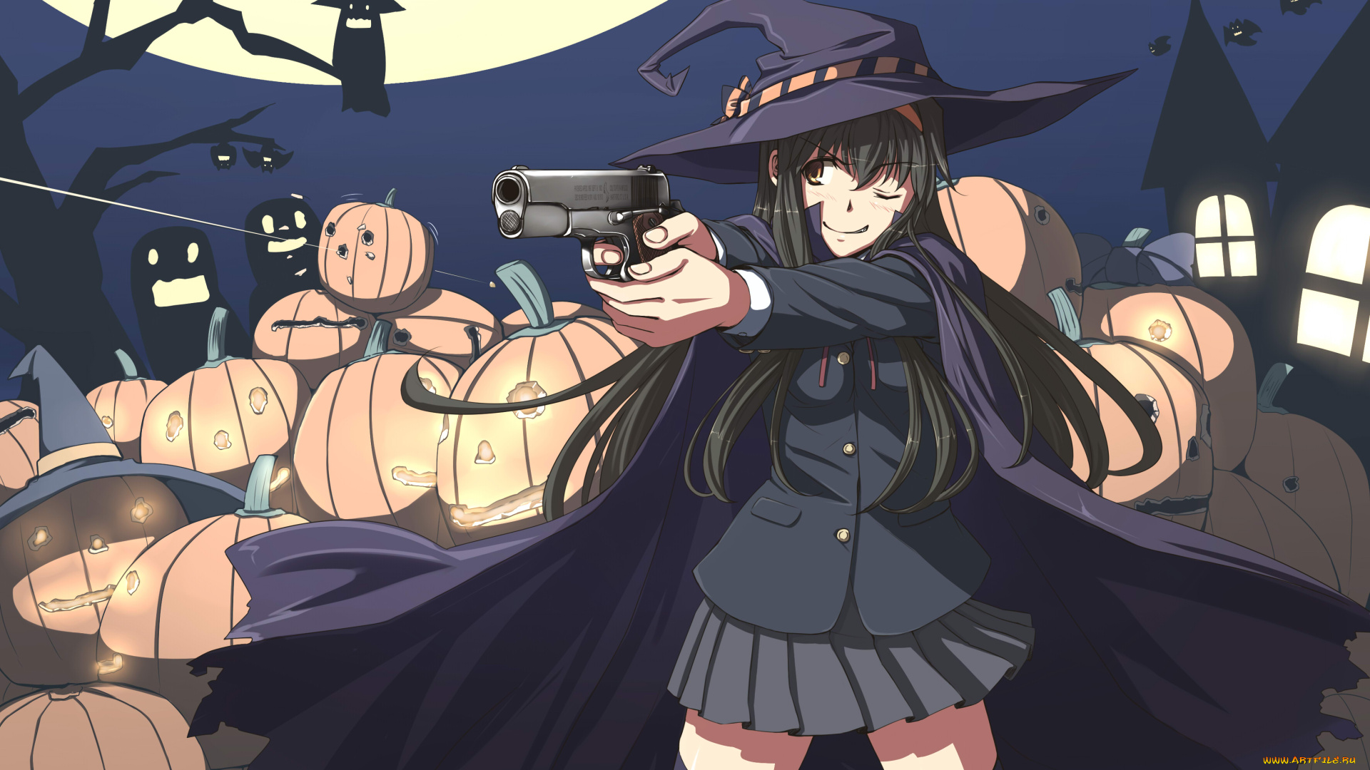 аниме, -halloween, &, magic, оружие, плащ, тыквы, ночь, летучая, мышь, сова, луна, замок, пистолет, девушка, шляпа