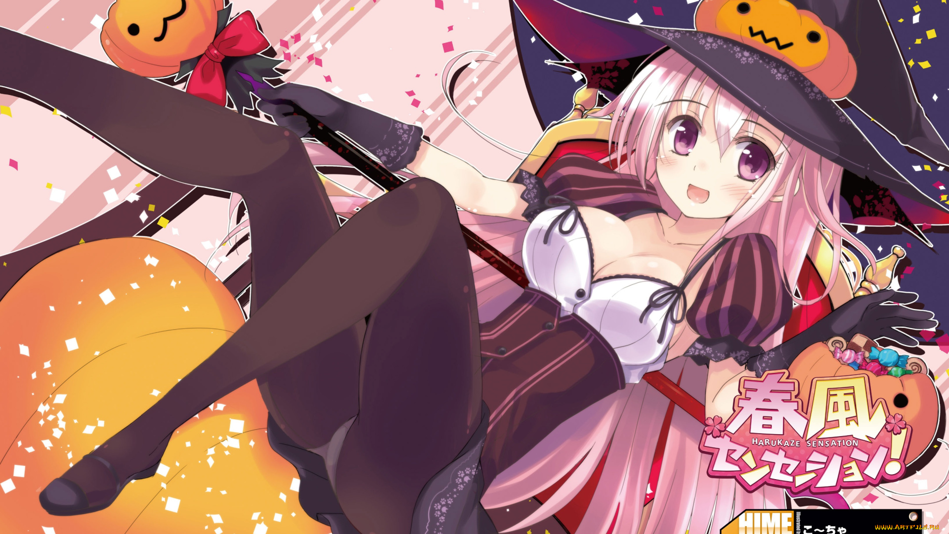 аниме, -halloween, &, magic, тыква, колготки, шляпа, девушка