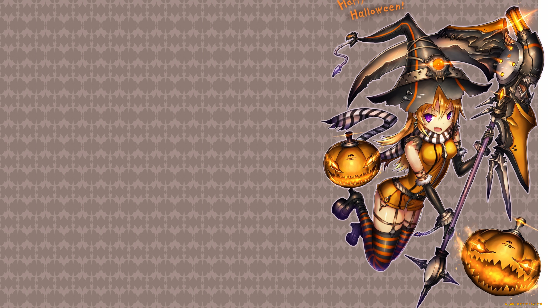 аниме, -halloween, &, magic, тыквы, шляпа, посох, улыбка, монстр, девушка