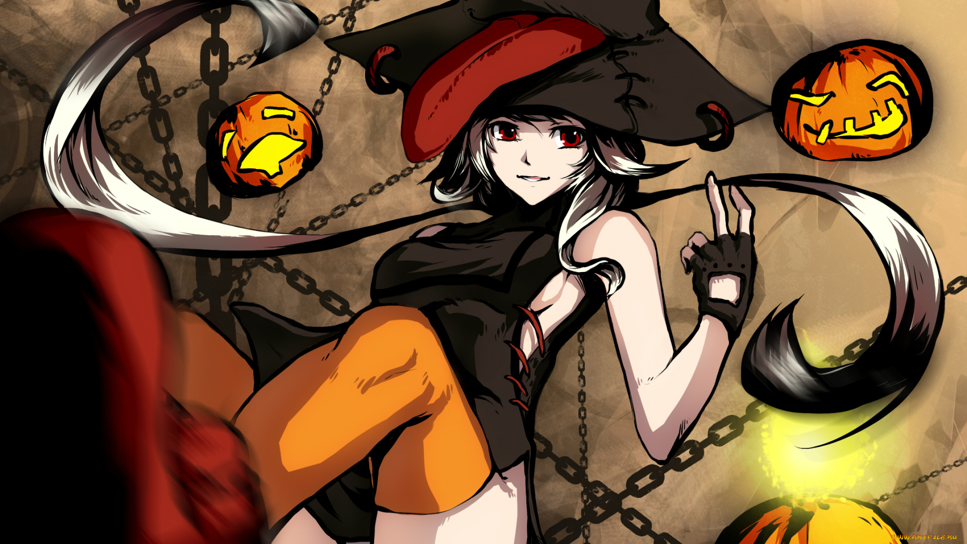 аниме, -halloween, &, magic, улыбка, шляпа, магия, язык, цепь, тыква, ведьма, девушка