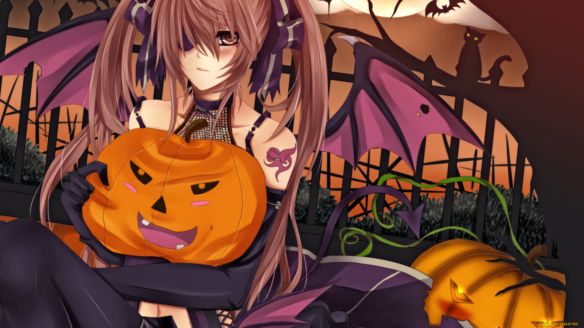 аниме, -halloween, &, magic, забор, ограда, демон, луна, девушка, рога, ночь, хвост, дерево, тыквы, татуировка, платье, зелень, летучая, мышь, кошка, бант, крылья