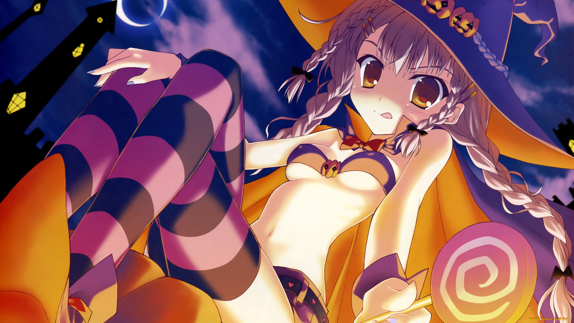 аниме, naru, nanao, halloween, magic, dengeki, moeou, ночь, девушка, конфета, косы, бант, леденец, месяц, замок, тыква, шляпа