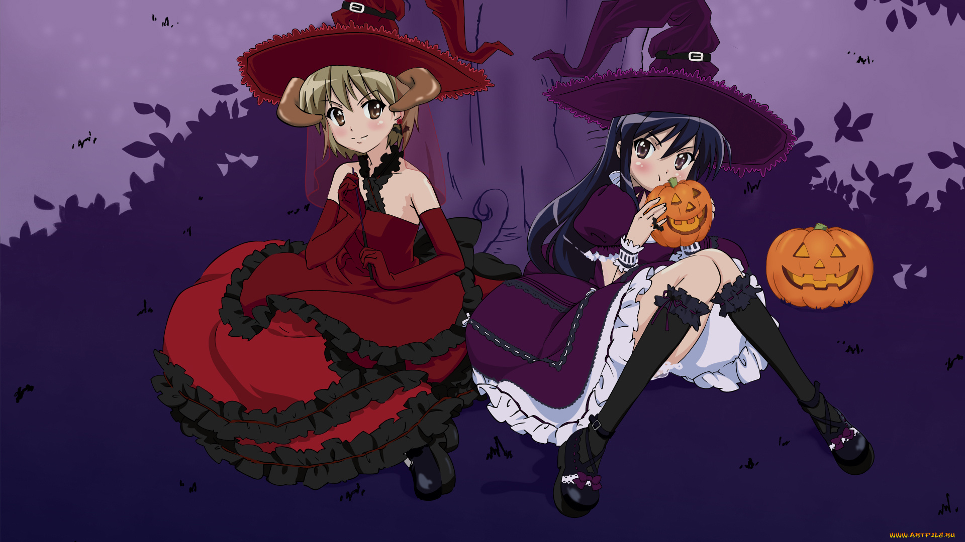 аниме, shakugan, no, shana, ночь, magic, yoshida, kazumi, shana, девушки, дерево, тыква, платье, halloween, ведьма, шляпа