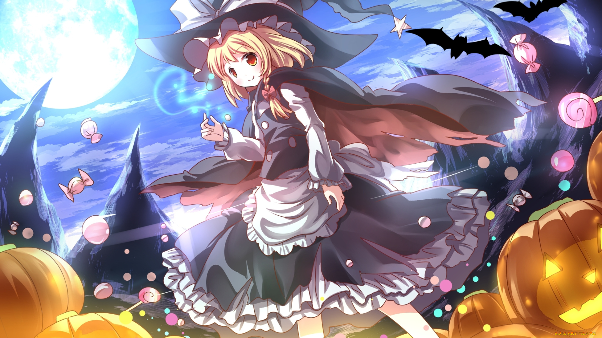 аниме, touhou, луна, ночь, сладости, девушка, halloween, magic, огни, шляпа, конфеты, летучая, мышь, тыквы, горы, kirisame, marisa