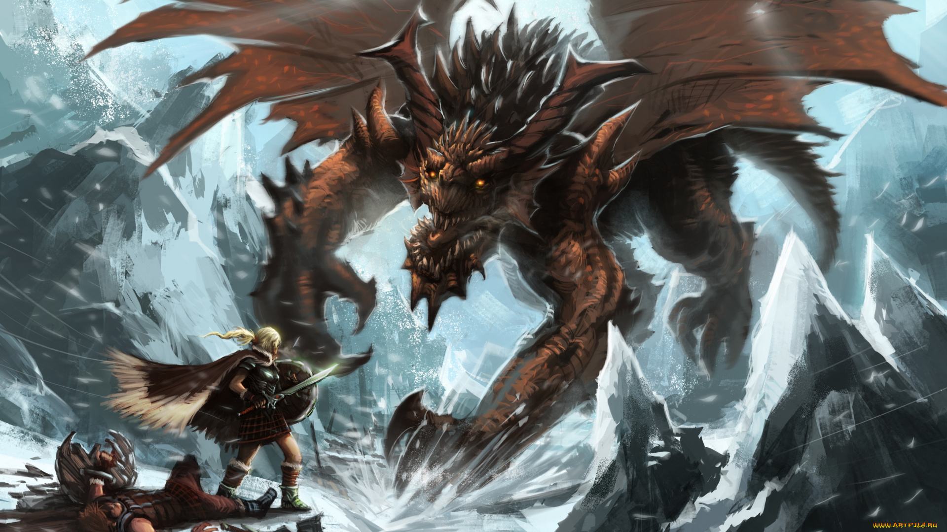 фэнтези, драконы, меч, схватка, горы, дракон, девушка, зима