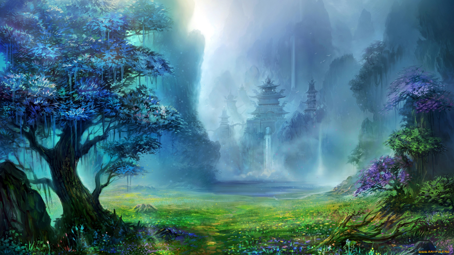 фэнтези, пейзажи, пагоды, долина, мир, пейзаж, горы, иной