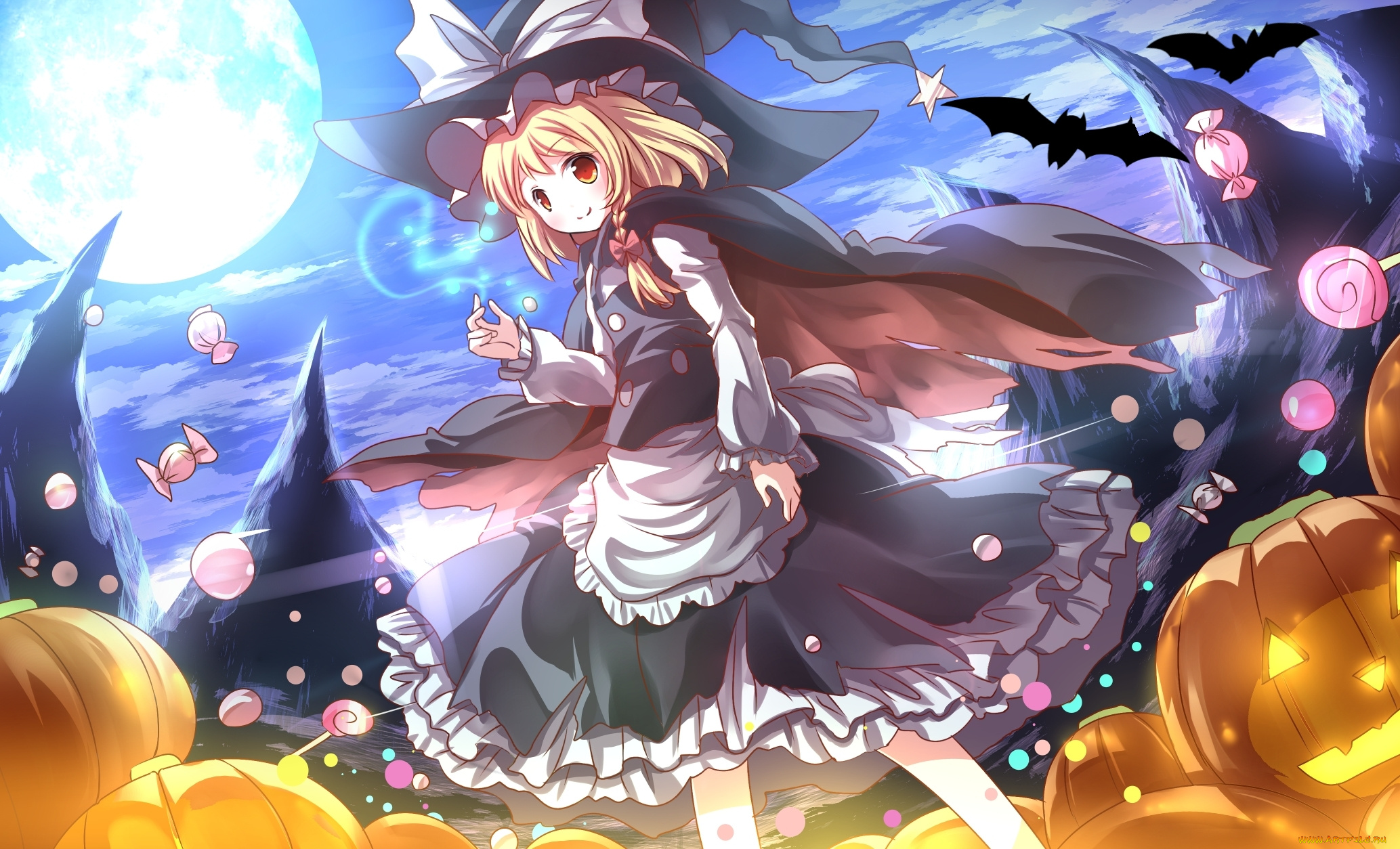 аниме, touhou, луна, ночь, сладости, девушка, halloween, magic, огни, шляпа, конфеты, летучая, мышь, тыквы, горы, kirisame, marisa