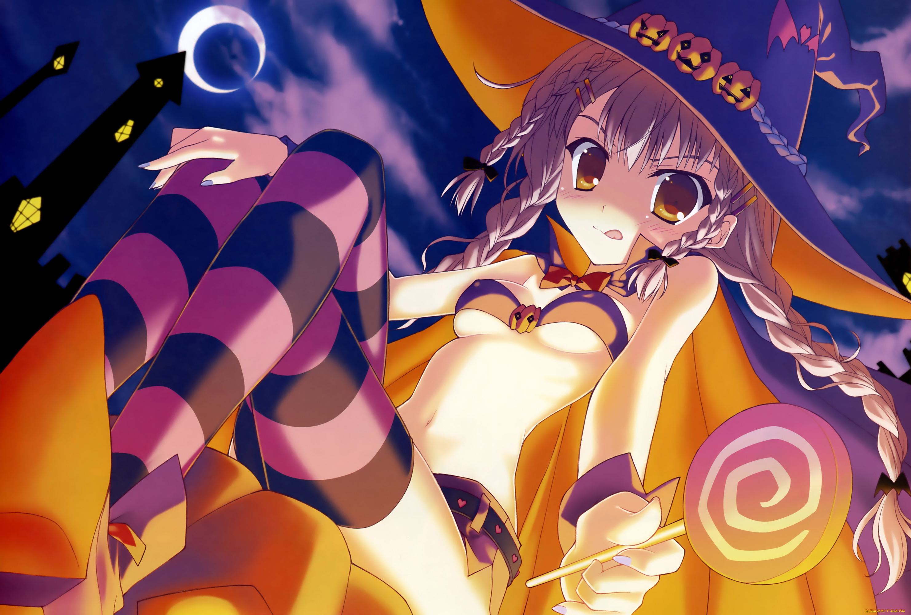 аниме, naru, nanao, halloween, magic, dengeki, moeou, ночь, девушка, конфета, косы, бант, леденец, месяц, замок, тыква, шляпа