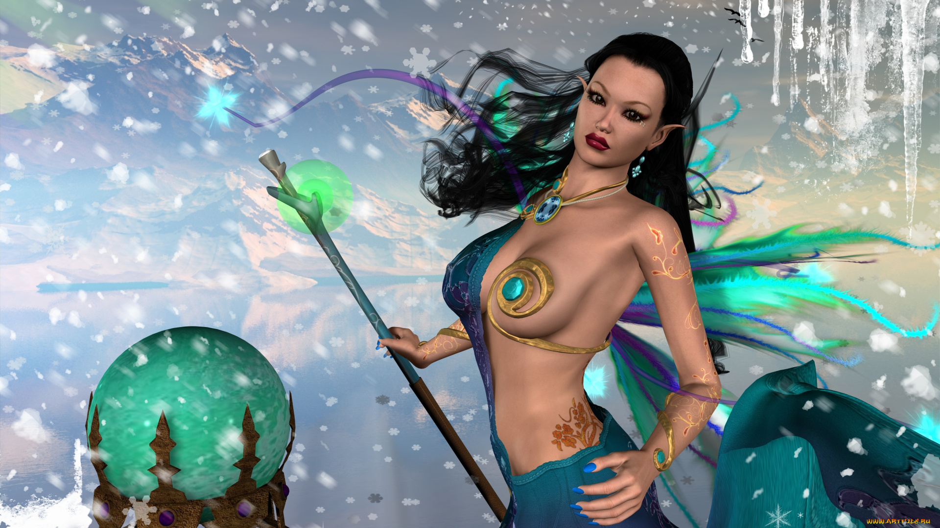 3д, графика, эльфы, , elves, снег, горы, эльфийка, фон, сфера, взгляд