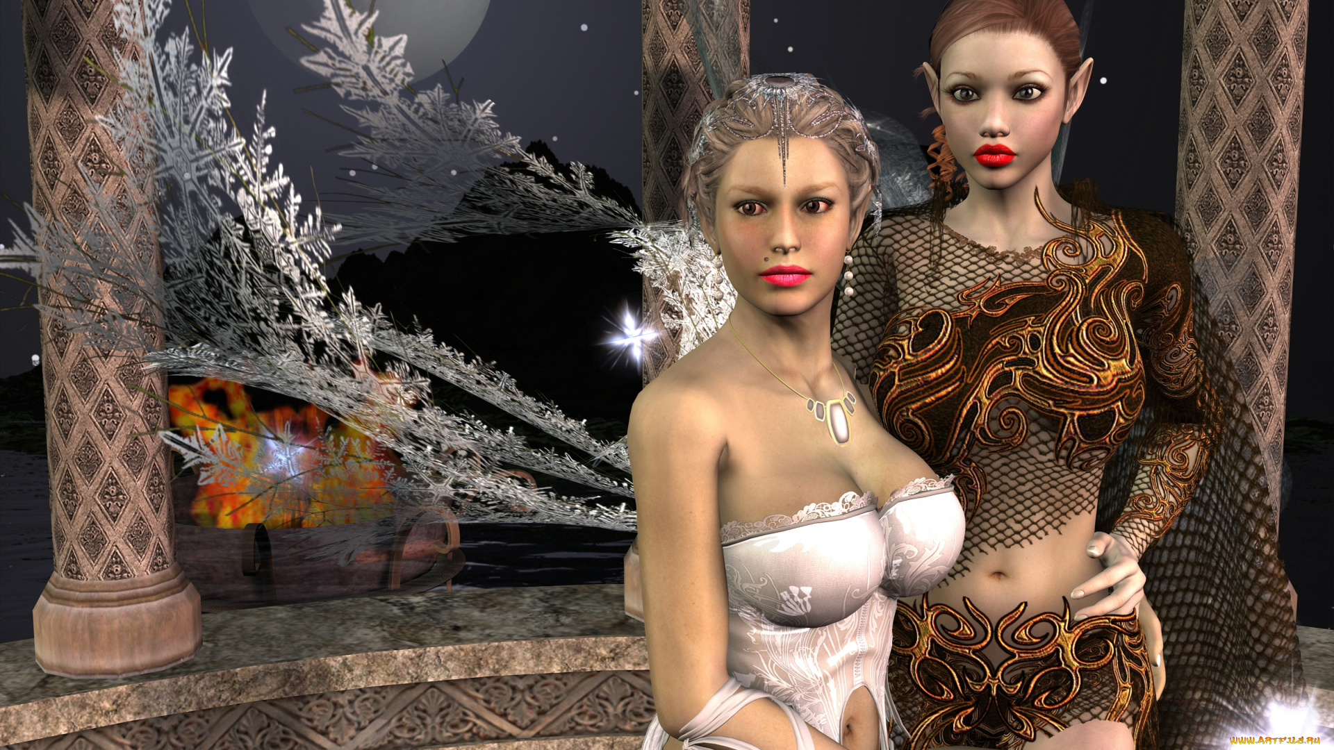 3д, графика, эльфы, , elves, взгляд, эльфийки, фон