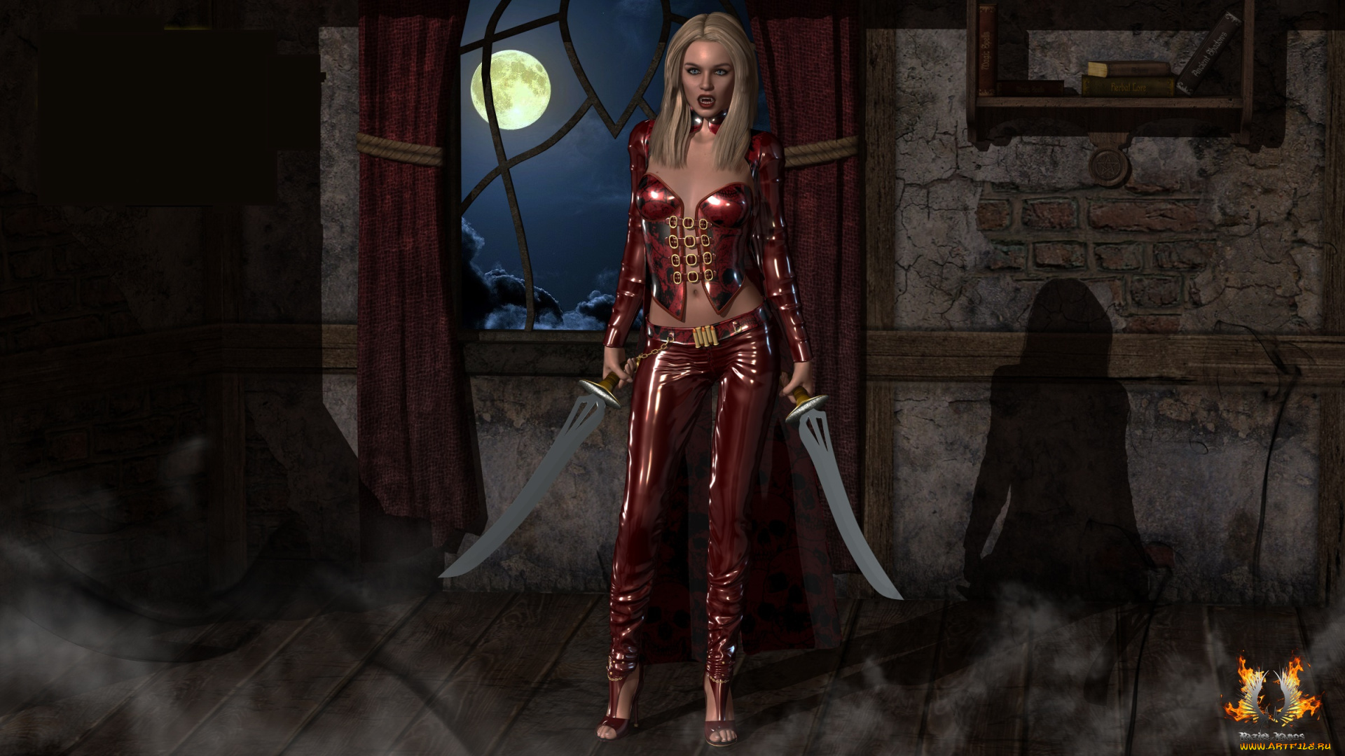 3д, графика, фантазия, , fantasy, девушка, оружие, фон, взгляд