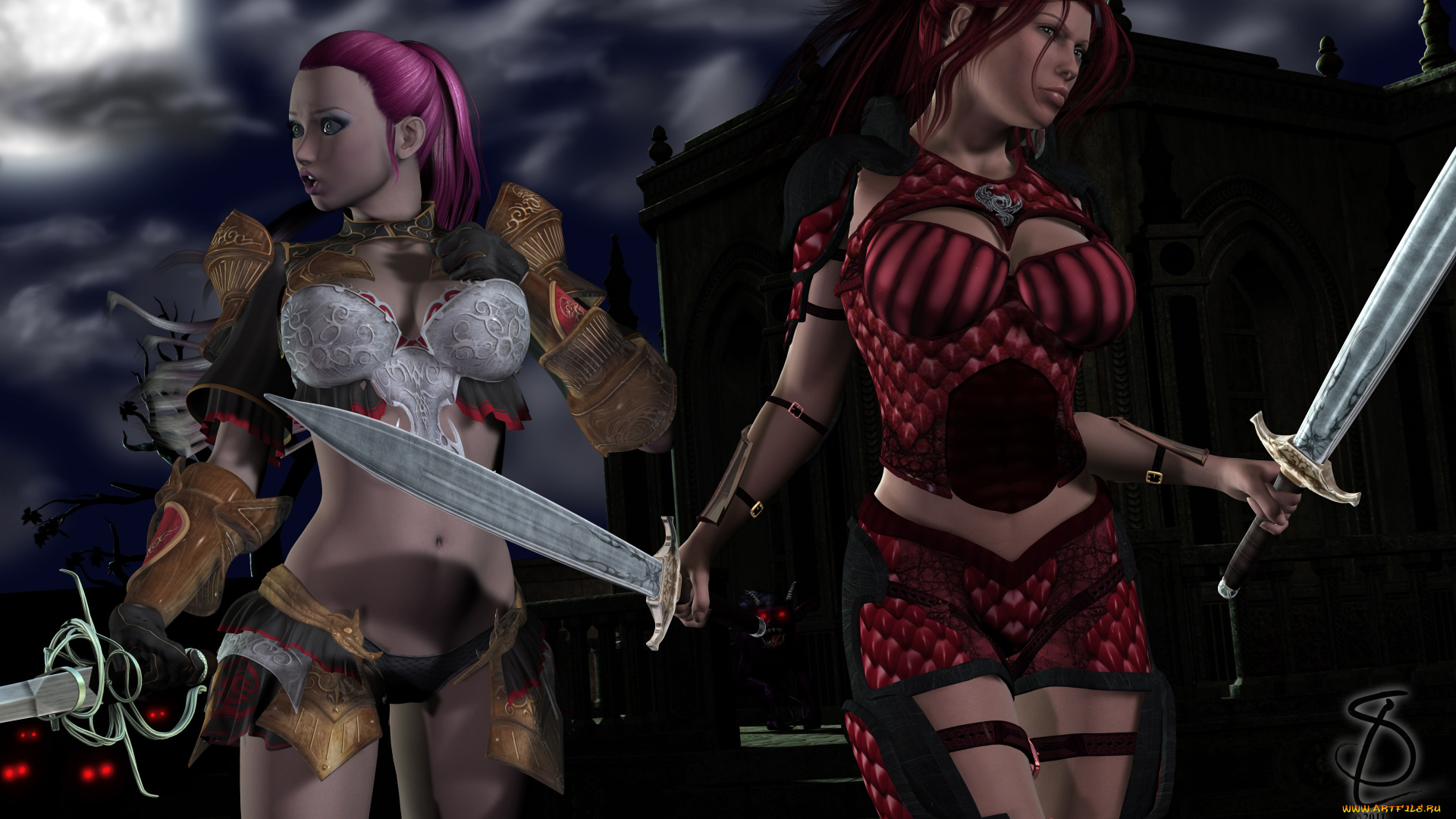 3д, графика, фантазия, , fantasy, девушки, взгляд, оружие, фон