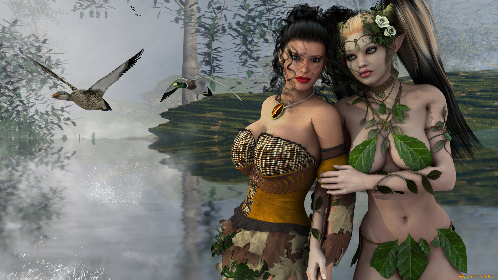 3д, графика, фантазия, , fantasy, фон, утки, эльфийка, взгляд, девушка