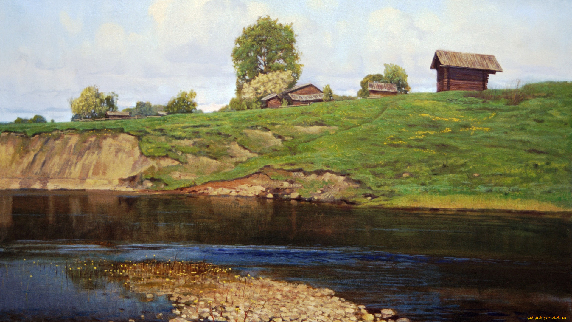 май, рисованное, николай, анохин, дома, склон, весна, кувшинки, река