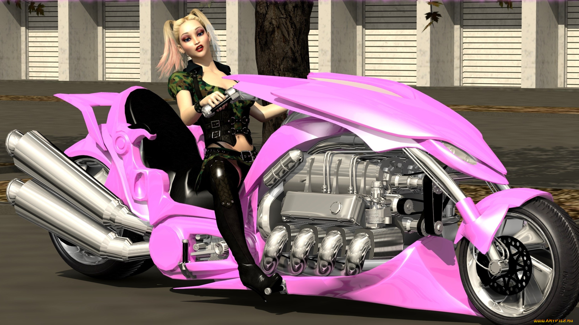 мотоциклы, 3d, мотоцикл, фон, взгляд, девушка