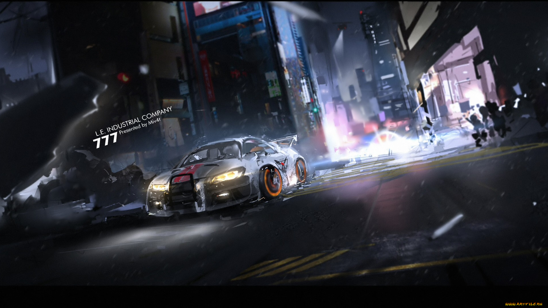 рисованное, города, автомобиль, город, арт, mivit, ночь