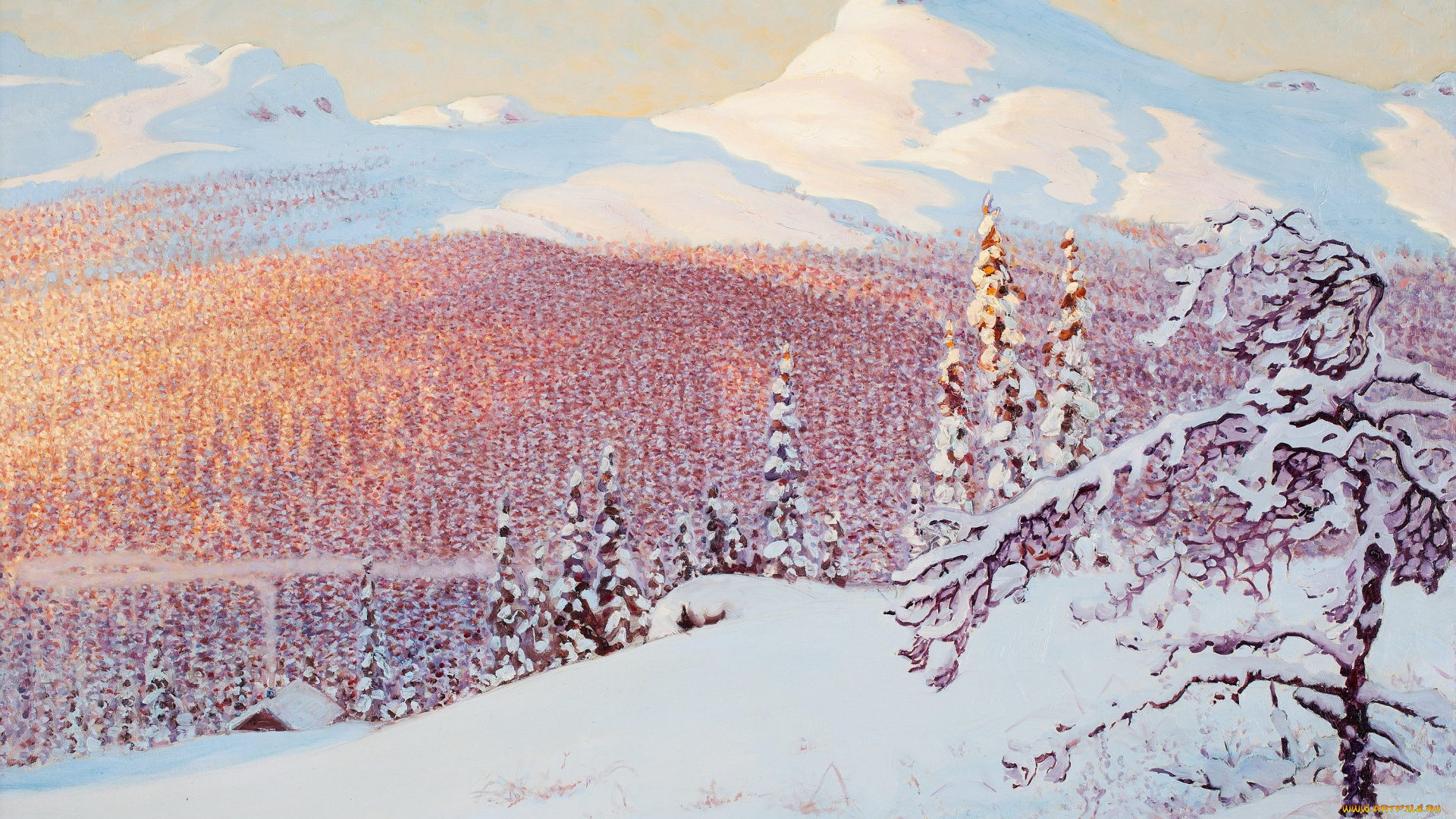 рисованное, живопись, горы, снег, зима, gustaf, fjaestad