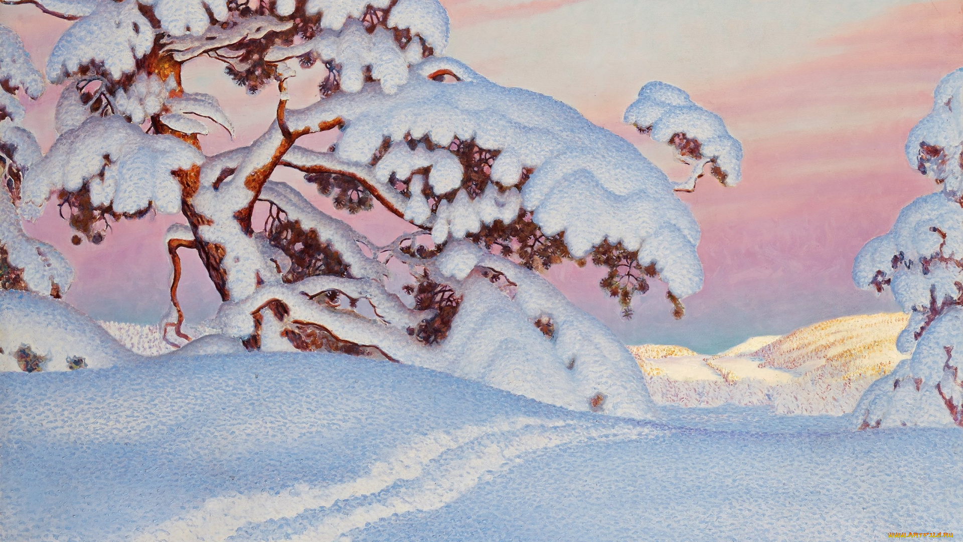 рисованное, живопись, тропа, сосна, снег, gustaf, fjaestad, зима