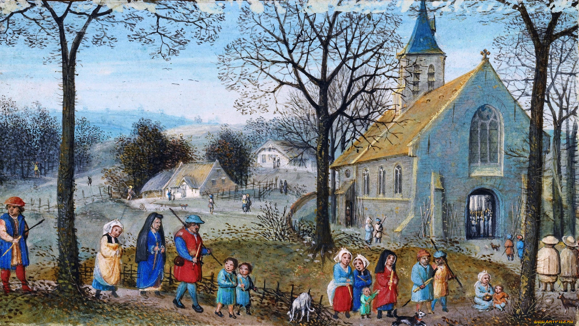 villagers, on, their, way, to, church, -, simon, bening, рисованное, живопись, деревья, церковь, люди, крестьяне