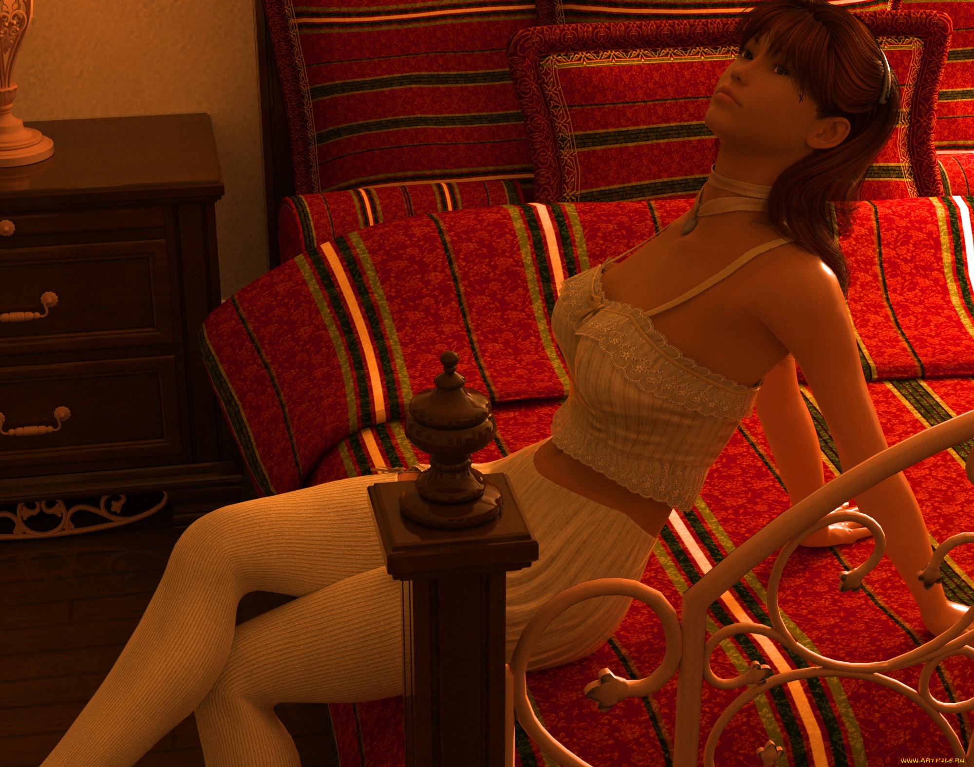 3д, графика, люди, , people, взгляд, девушка, кровать, фон