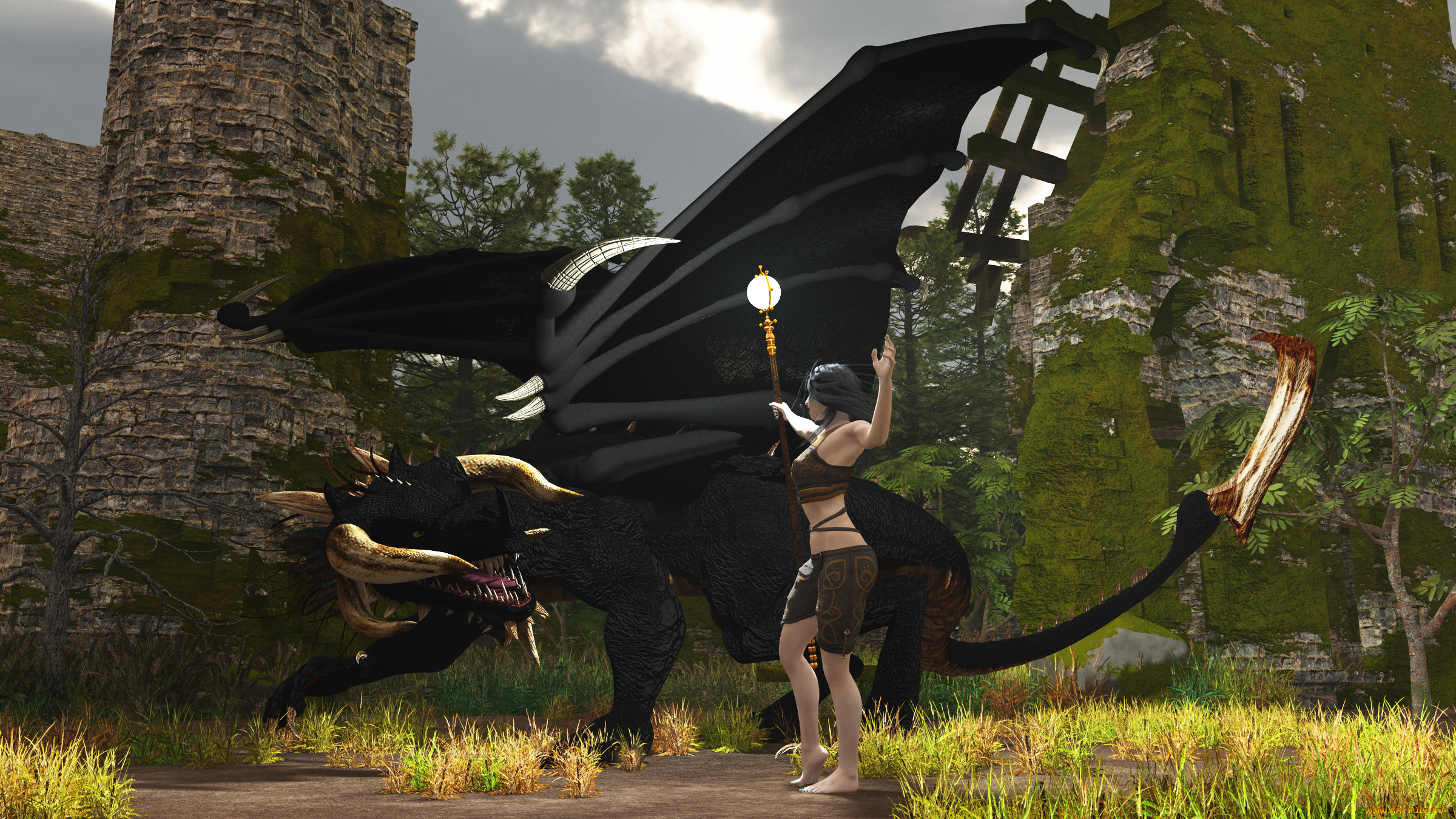 3д, графика, фантазия, , fantasy, дракон, фон, тотем, девушка, взгляд