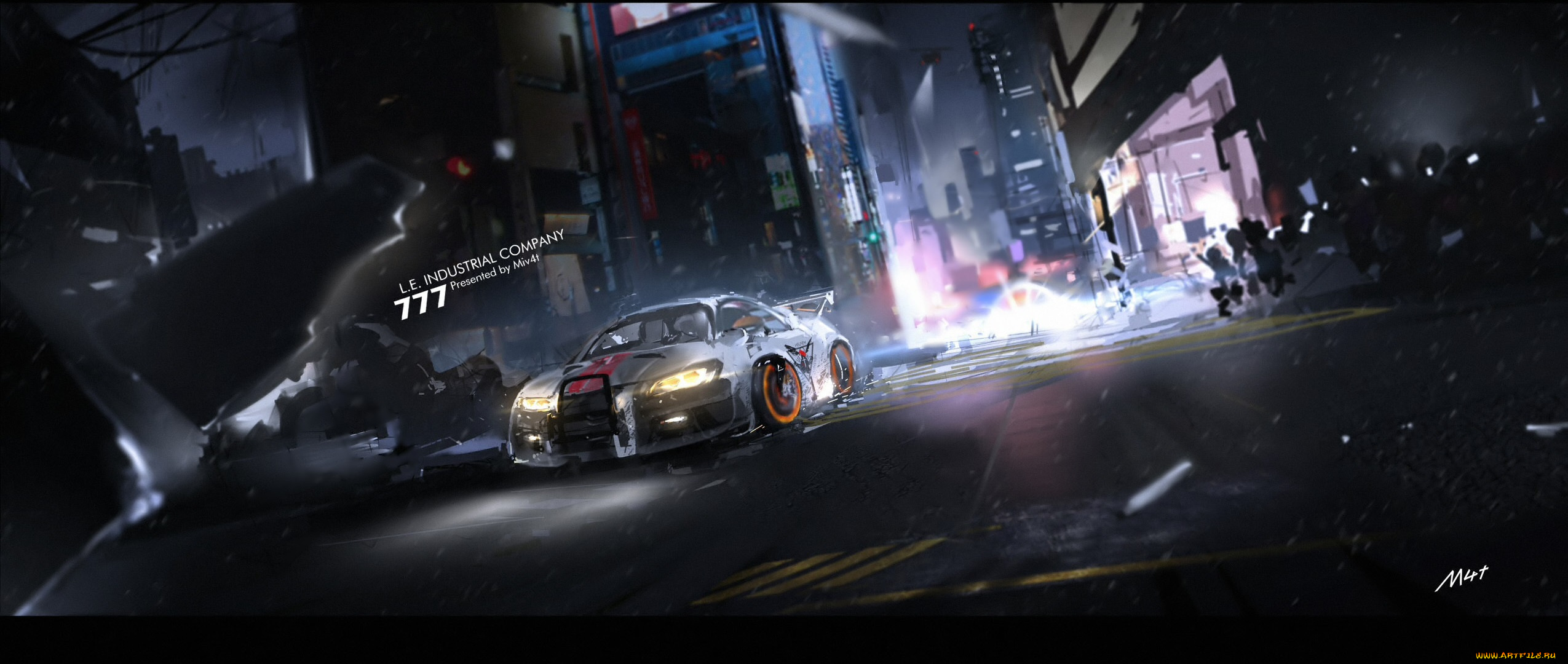 рисованное, города, автомобиль, город, арт, mivit, ночь