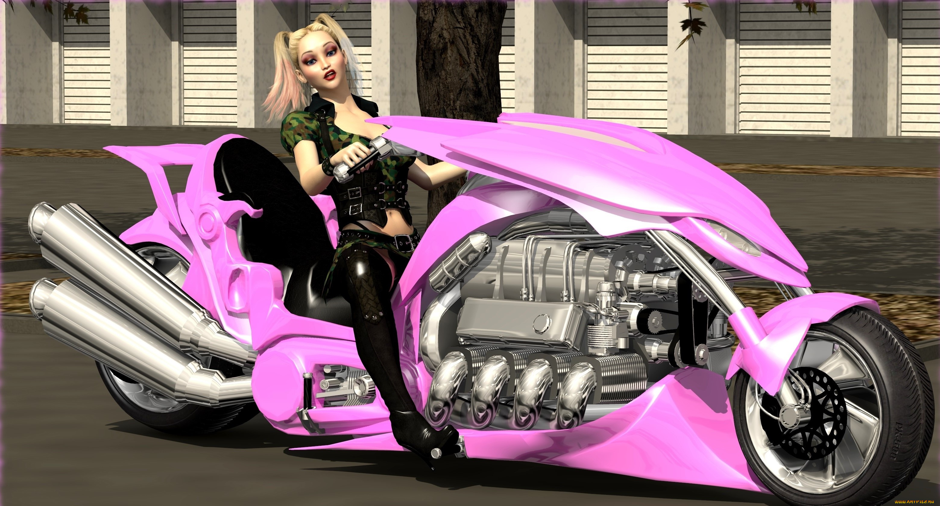 мотоциклы, 3d, мотоцикл, фон, взгляд, девушка