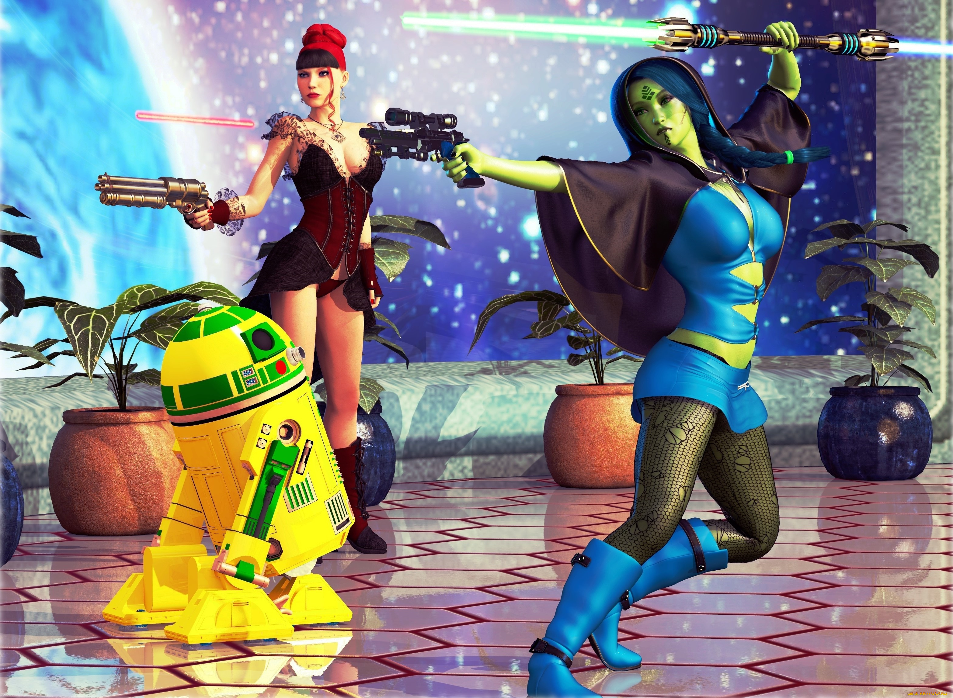 3д, графика, фантазия, , fantasy, халк, оружие, девушка, взгляд, фон