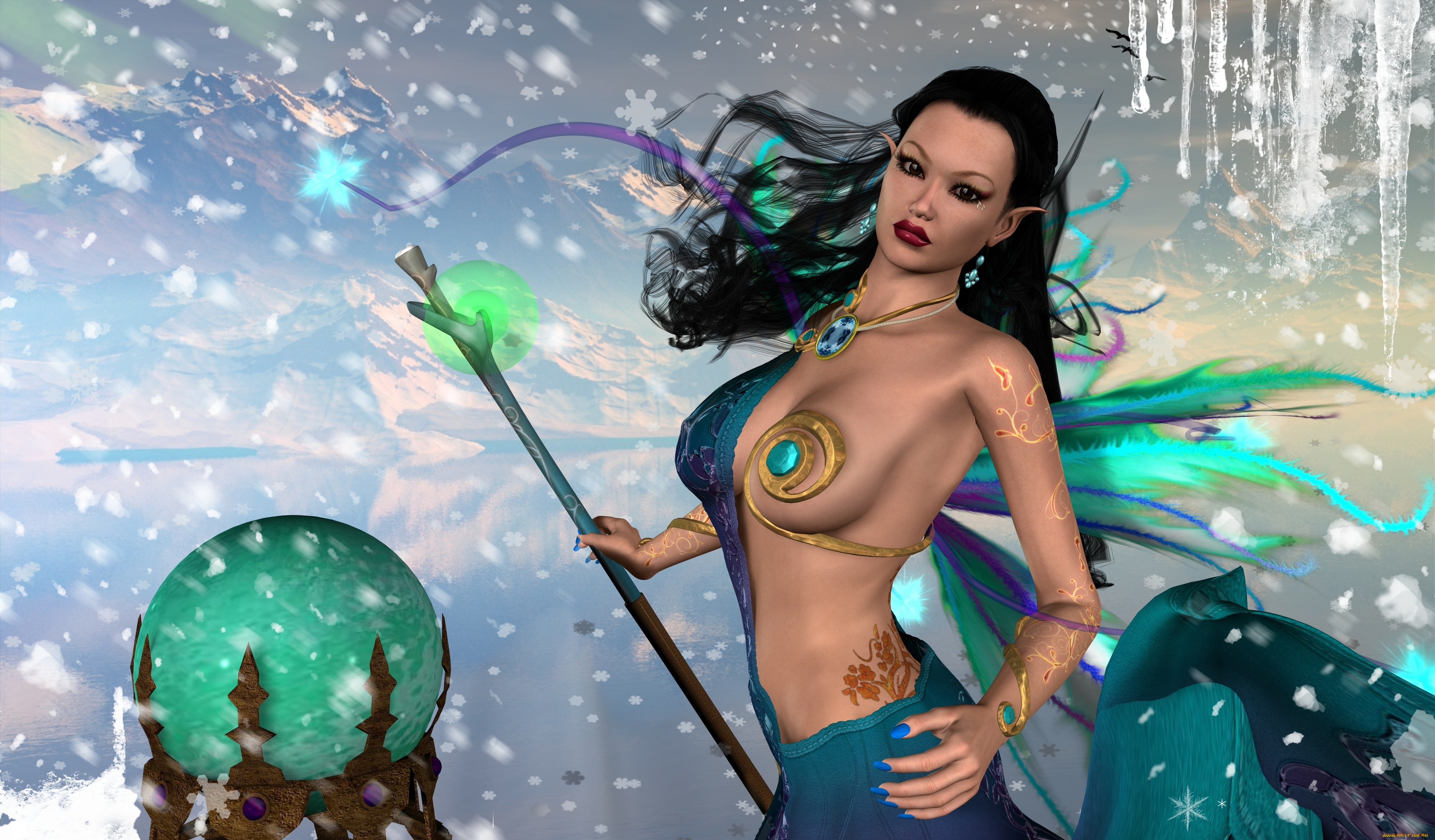 3д, графика, эльфы, , elves, снег, горы, эльфийка, фон, сфера, взгляд