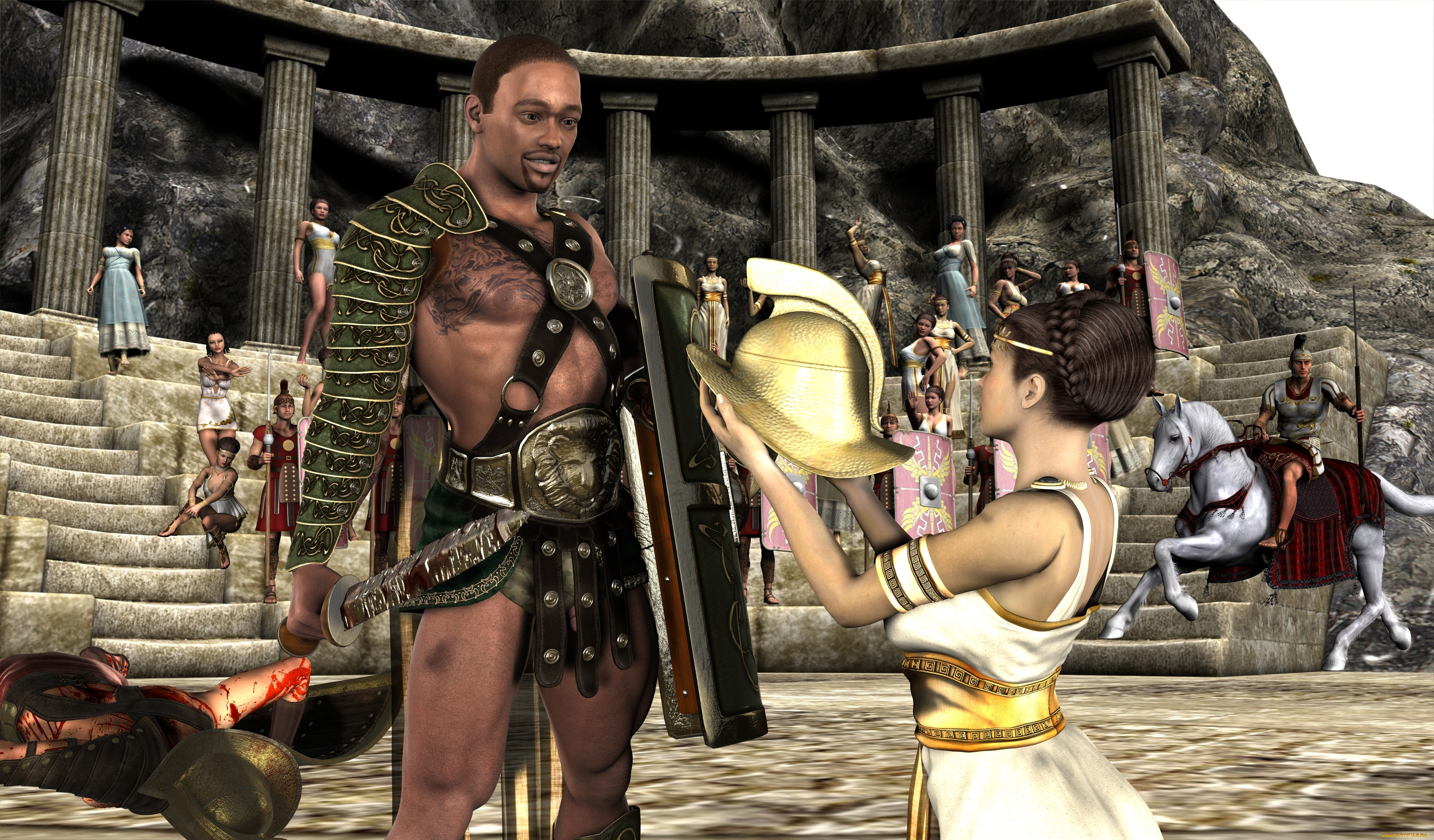 3д, графика, люди, , people, девушка, взгляд, мужчина, шлем, фон