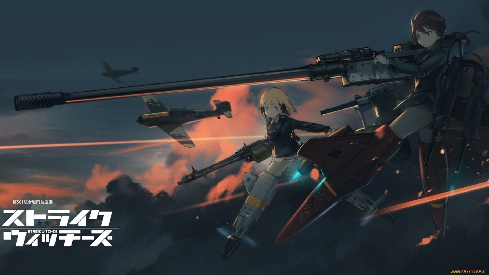 аниме, strike, witches, самолёты, девушки, оружие