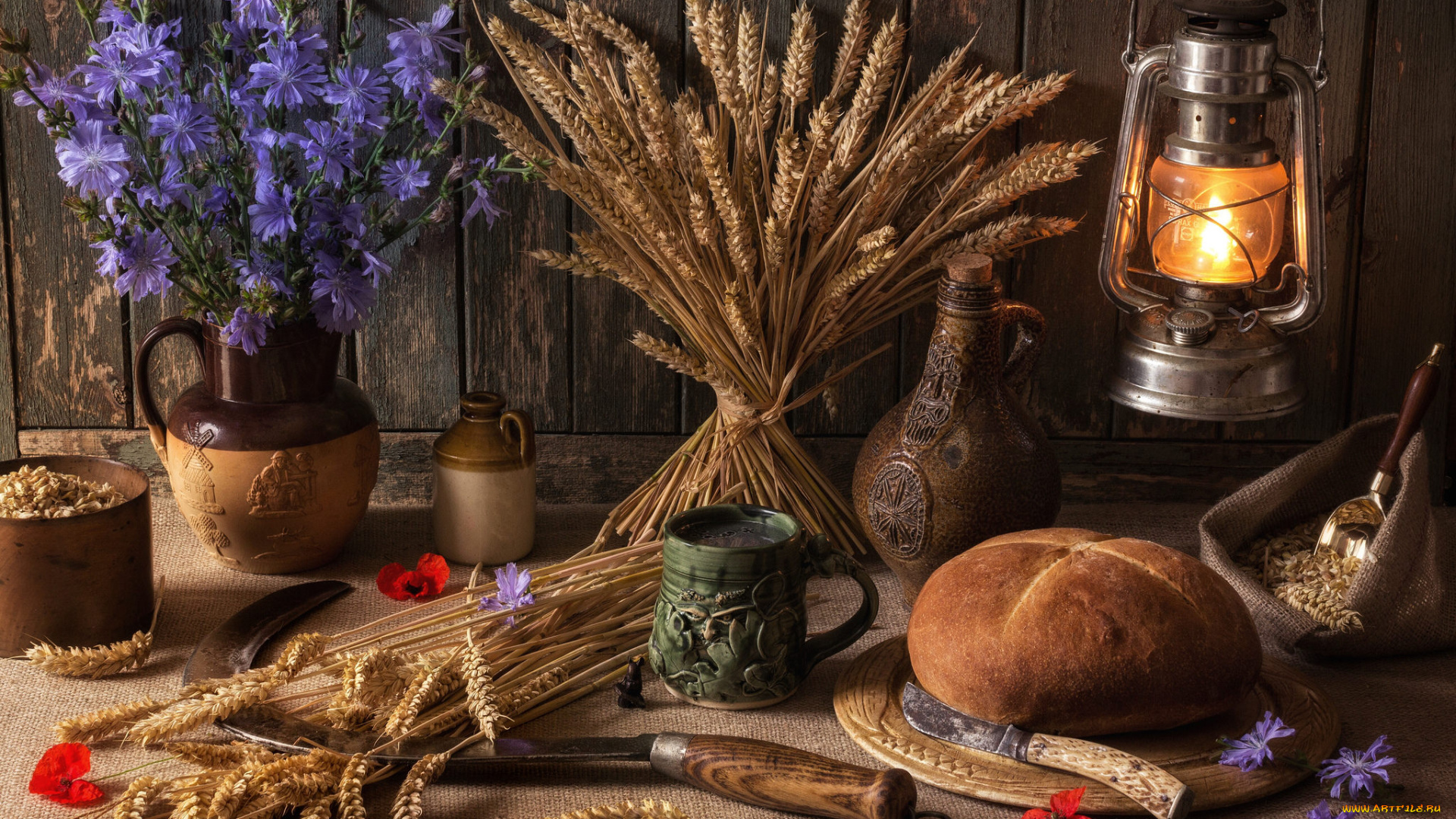 еда, натюрморт, лампа, колосья, каравай