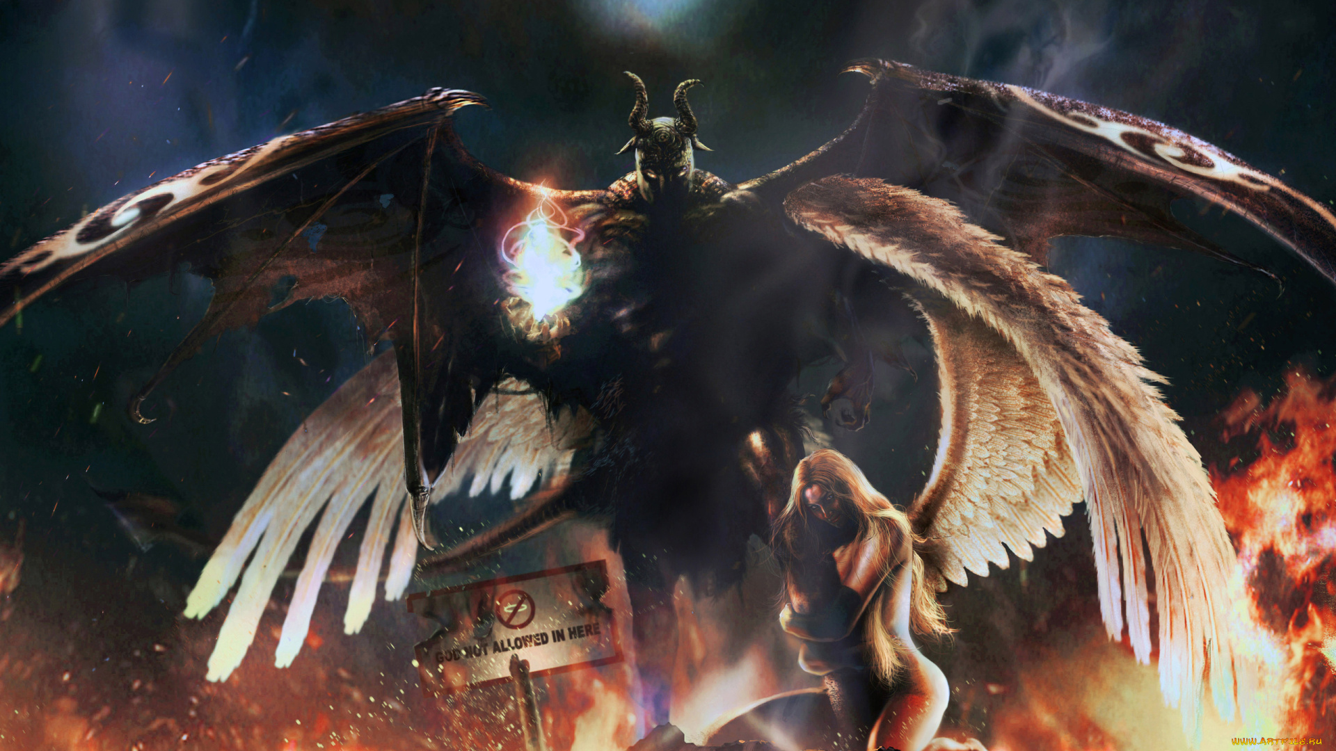 фэнтези, красавицы, и, чудовища, ад, девушка, ангел, крылья, демон