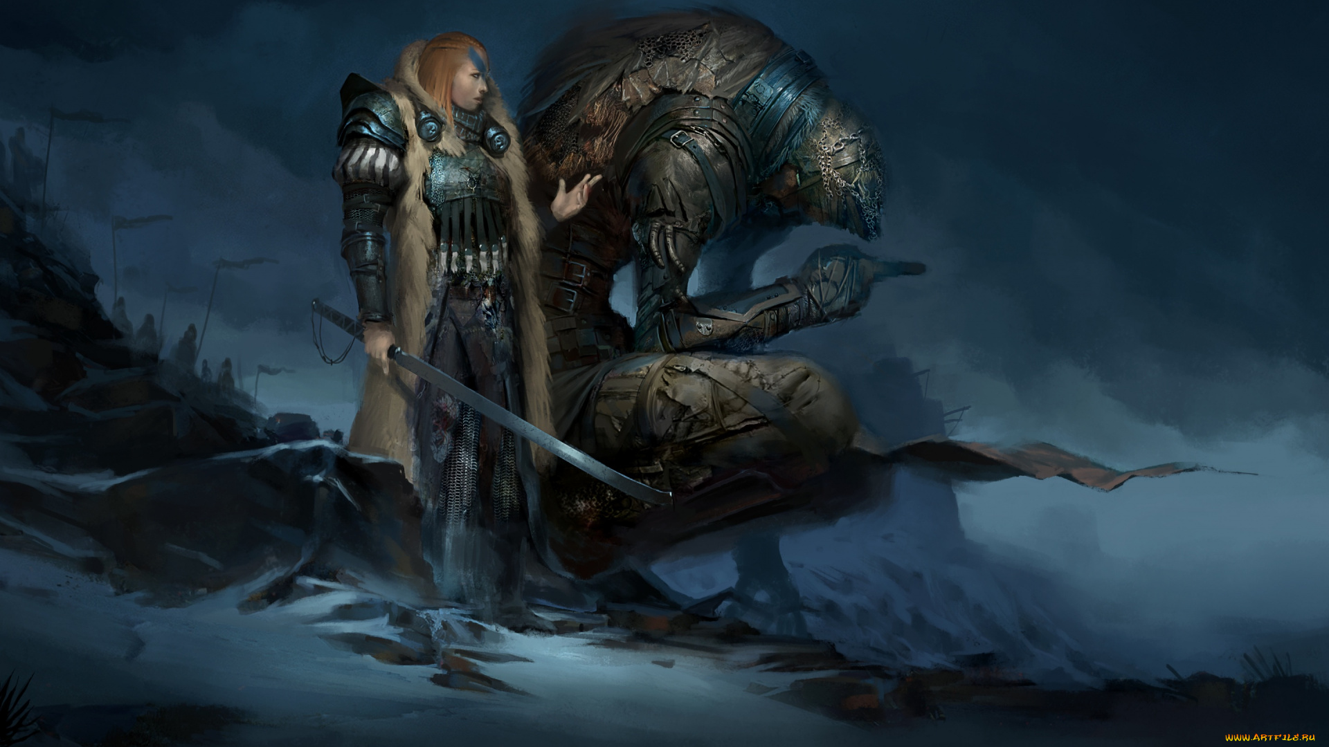 фэнтези, красавицы, и, чудовища, монстр, glenyr, perforth, history, of, the, northern, lands, скалы, девушка, меч, мрачно, армия, арт, тучи