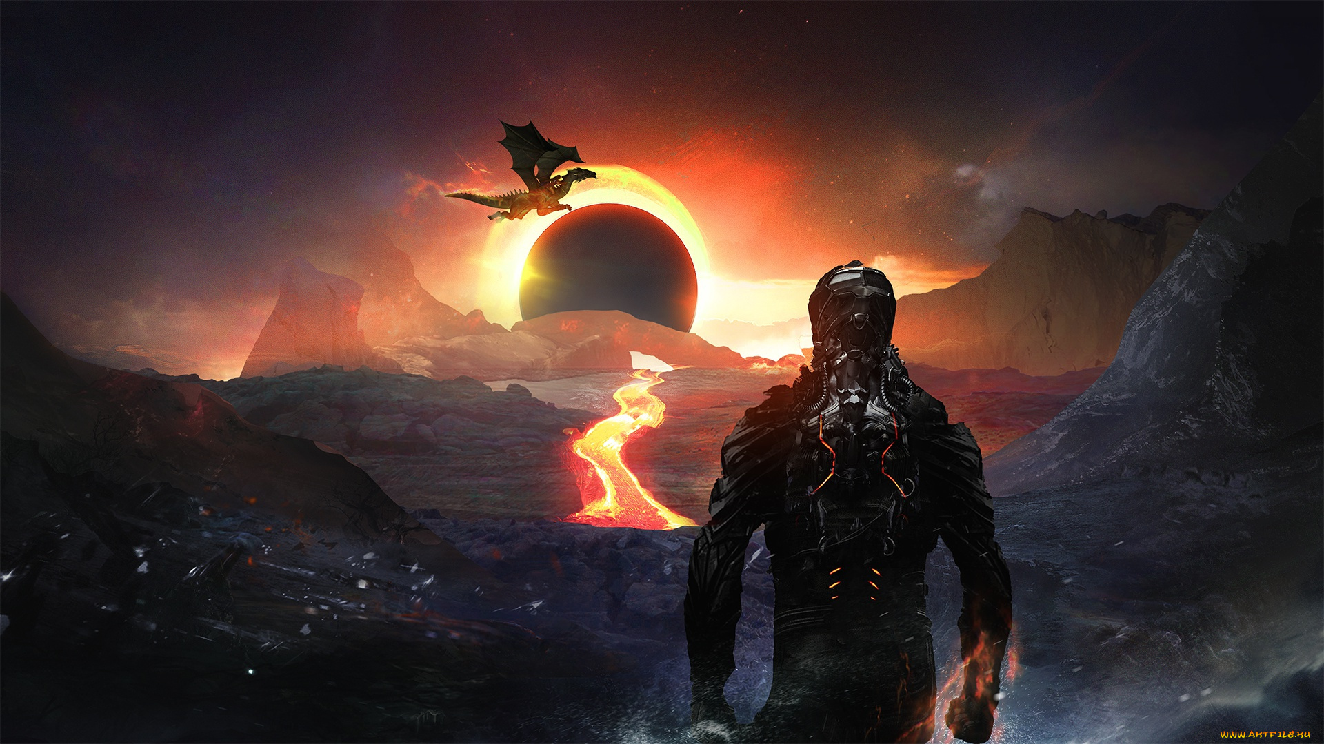 фэнтези, роботы, , киборги, , механизмы, лава, доспех, броня, затмение, горы, человек, скалы