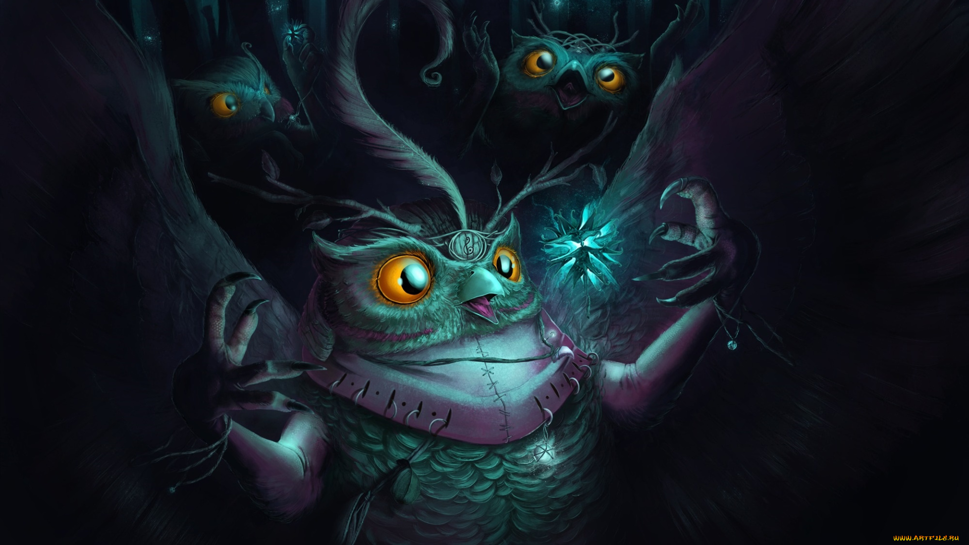 фэнтези, существа, птицы, свечение, лес, темно, ночь, совы