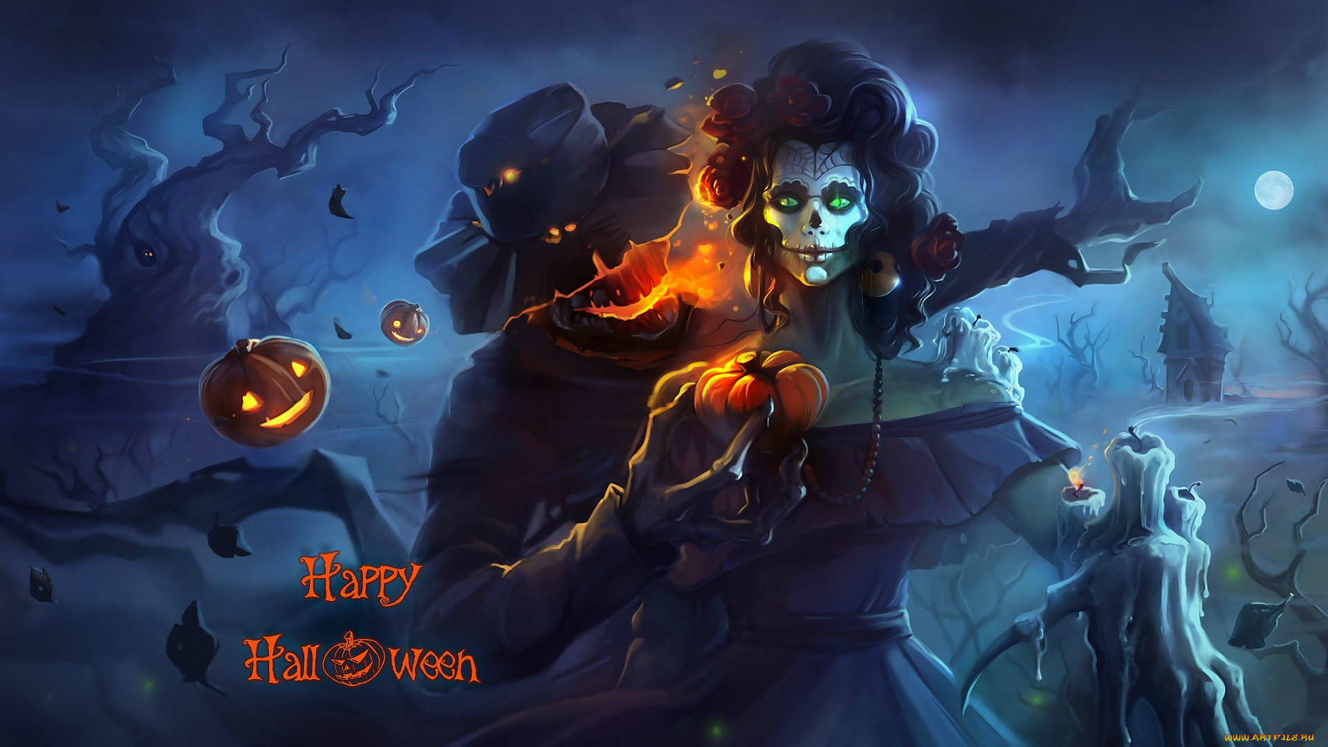 праздничные, хэллоуин, ночь, девушка, тыква, halloween, чучело, арт, праздник, смерть, взгляд, шляпа