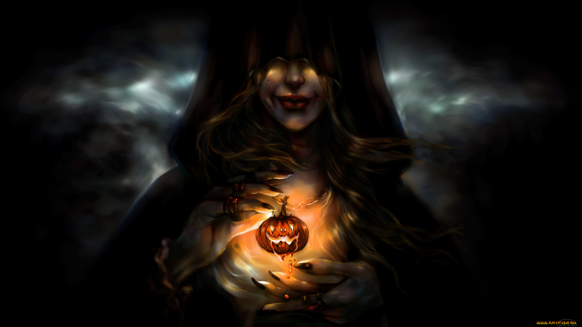 праздничные, хэллоуин, ведьма, девушка, тыква, halloween, лицо, улыбка, арт, капюшон, праздник, руки