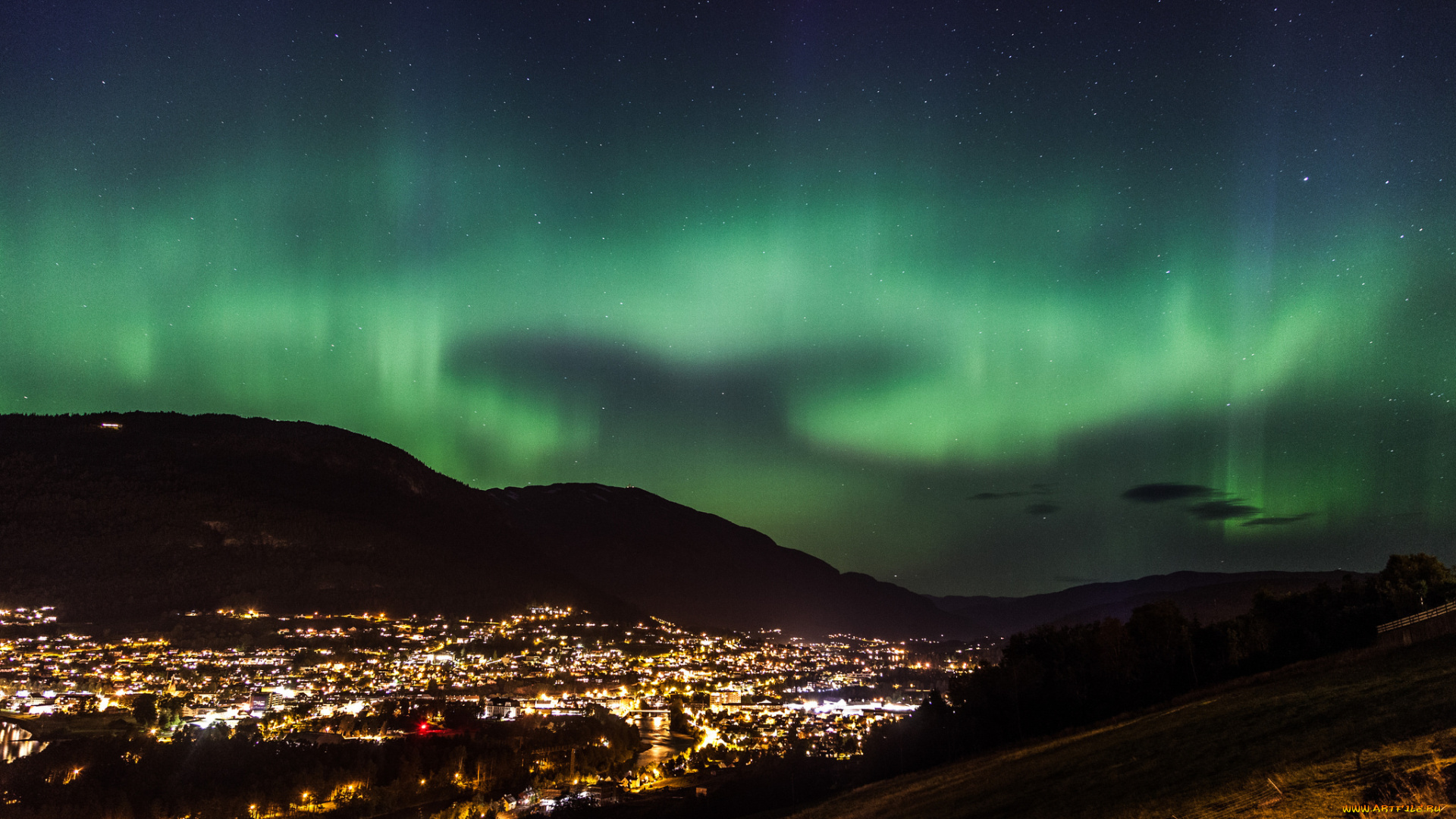 природа, северное, сияние, город, звезды, северное, сияние, ночь