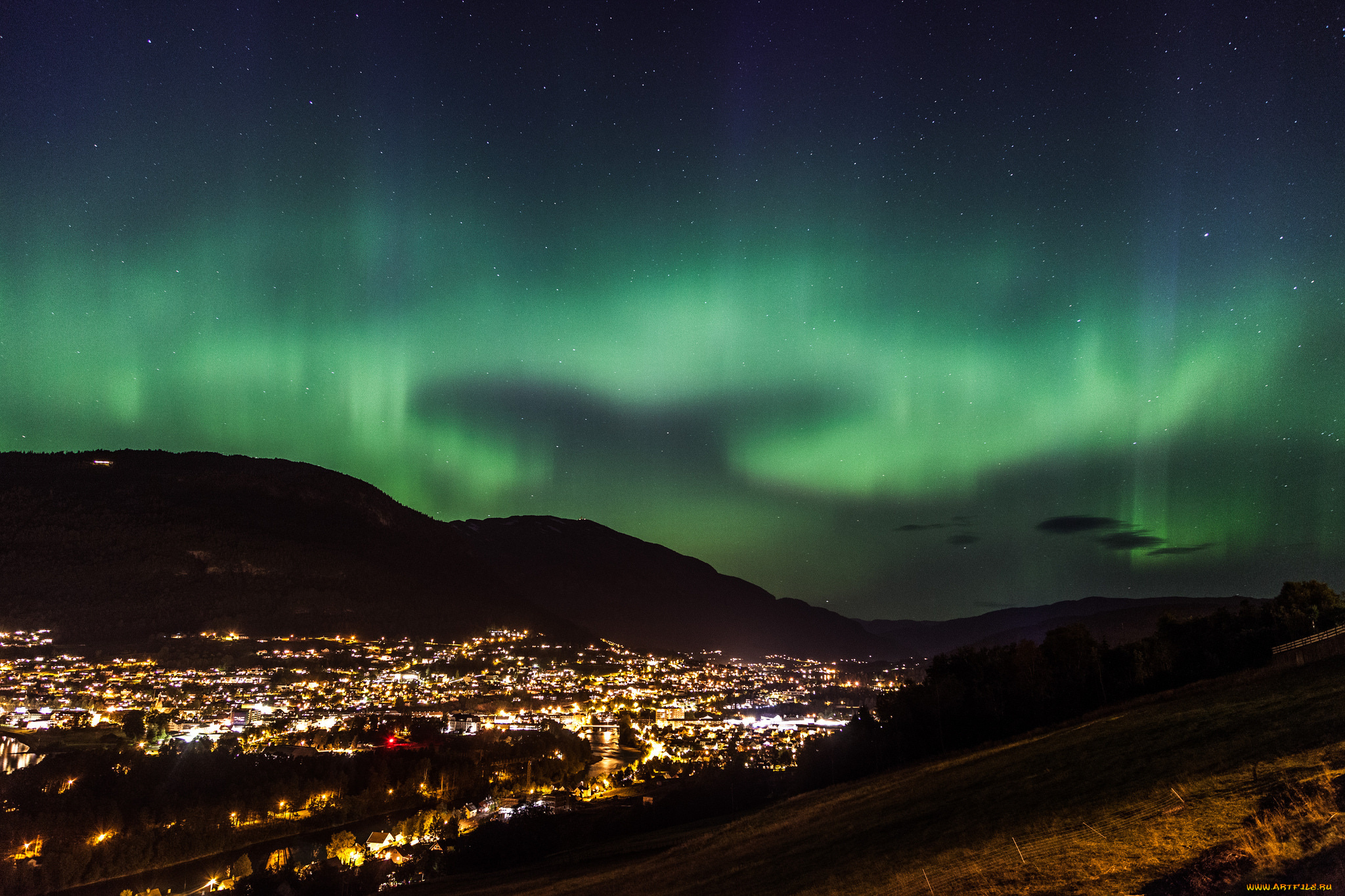 природа, северное, сияние, город, звезды, северное, сияние, ночь
