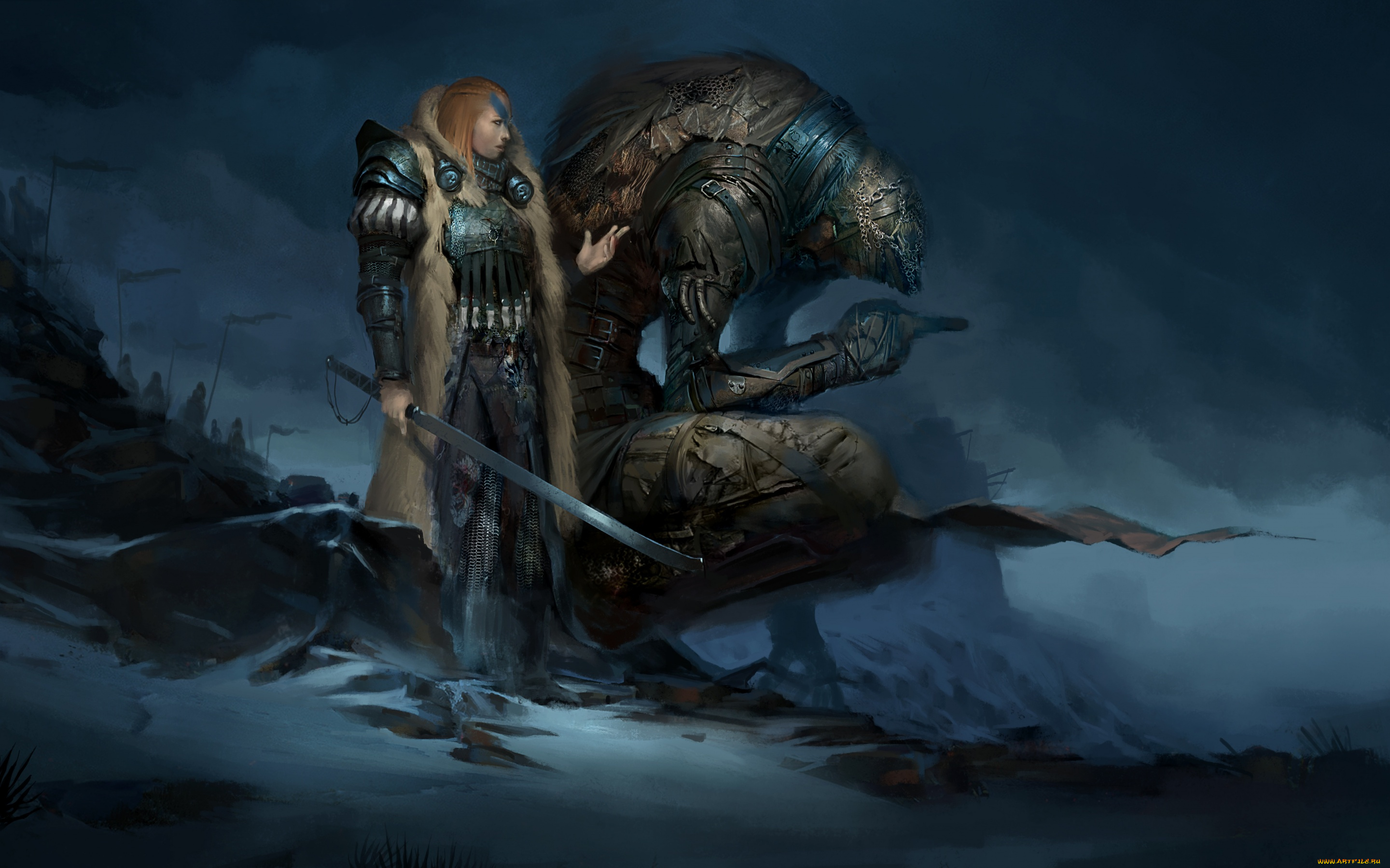 фэнтези, красавицы, и, чудовища, монстр, glenyr, perforth, history, of, the, northern, lands, скалы, девушка, меч, мрачно, армия, арт, тучи