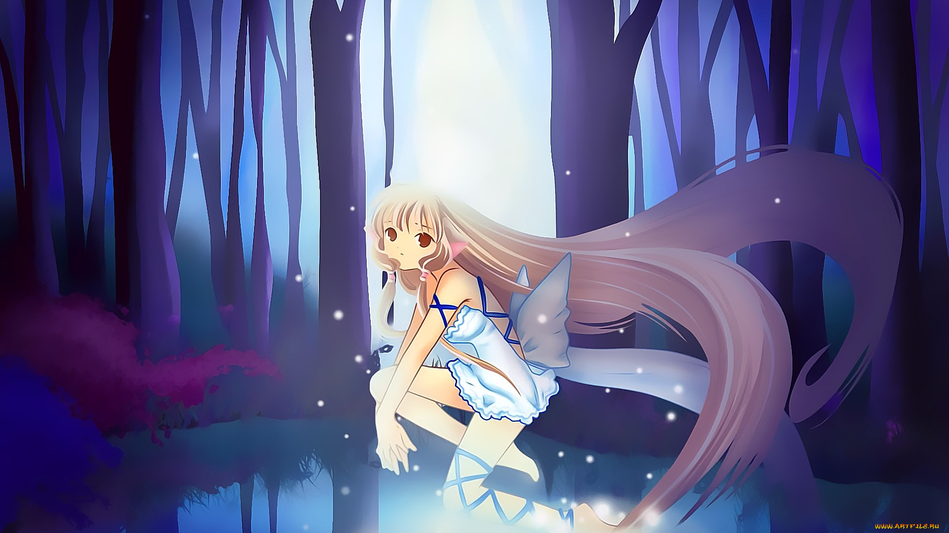 календари, аниме, крылья, взгляд, девушка