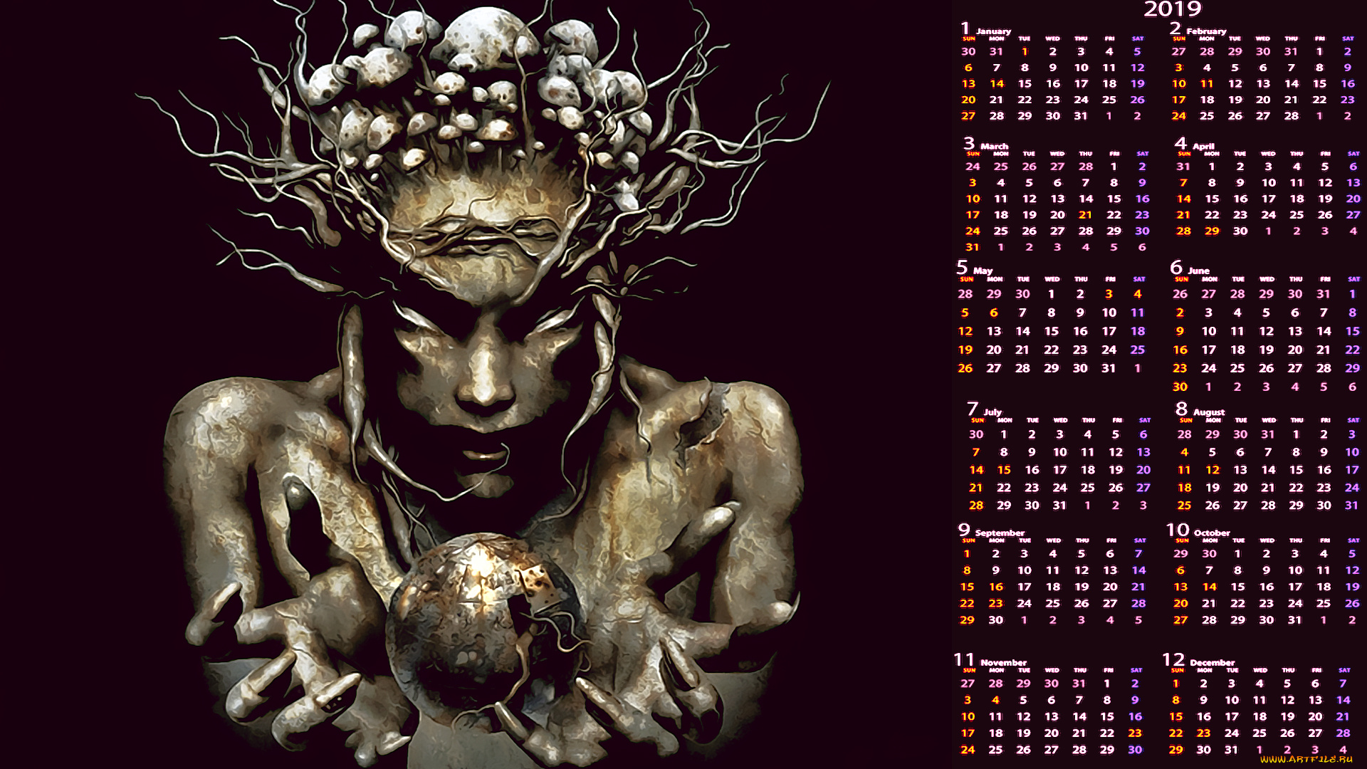 календари, фэнтези, лицо, существо