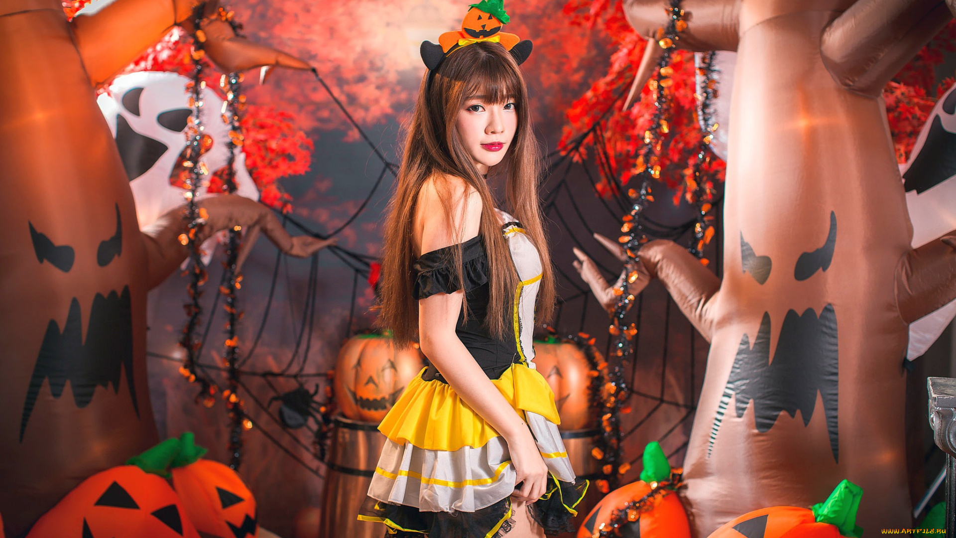 праздничные, хэллоуин, девушка, взгляд, фон, тыквы
