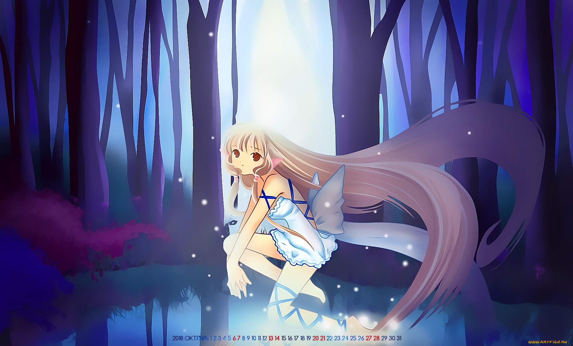 календари, аниме, крылья, взгляд, девушка