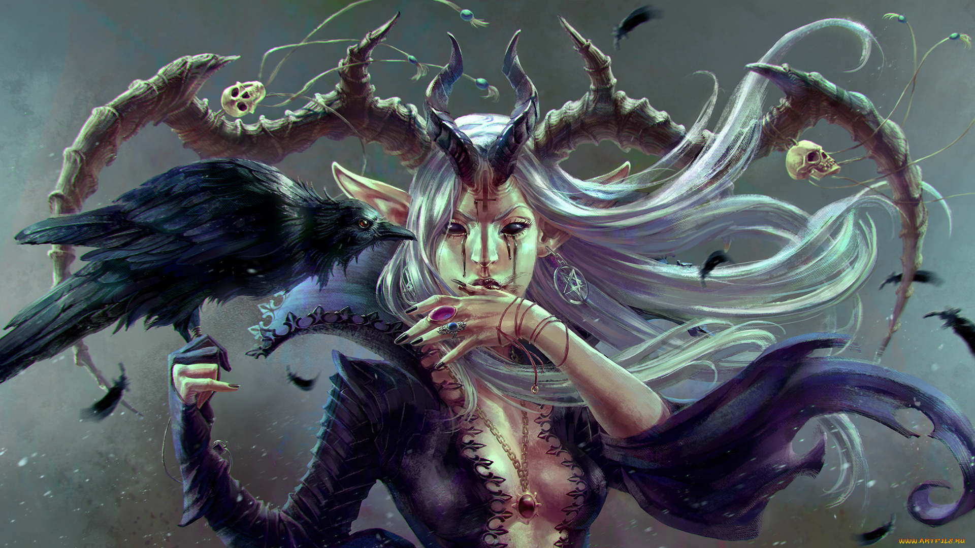 фэнтези, демоны, взгляд, фон, девушка, ворон, рога