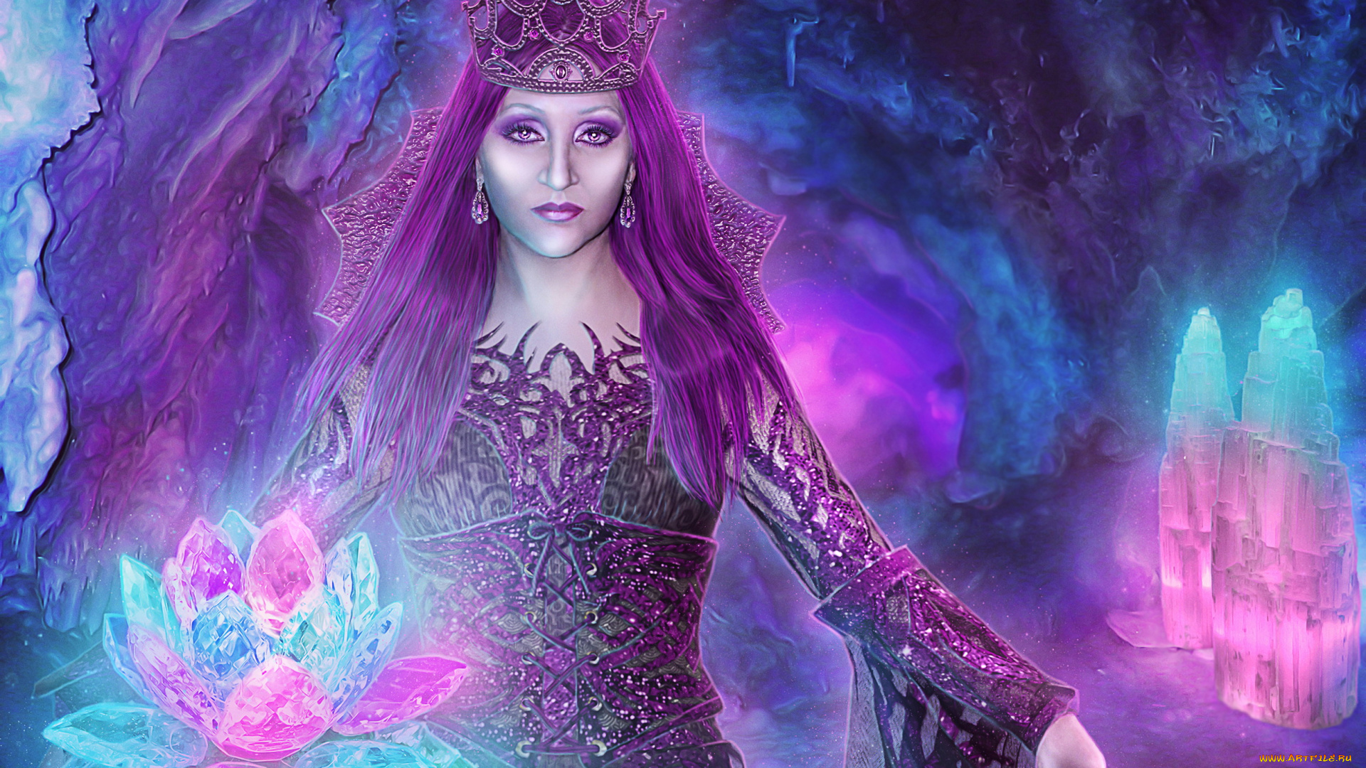 фэнтези, фотоарт, фон, девушка, платье, корона, взгляд